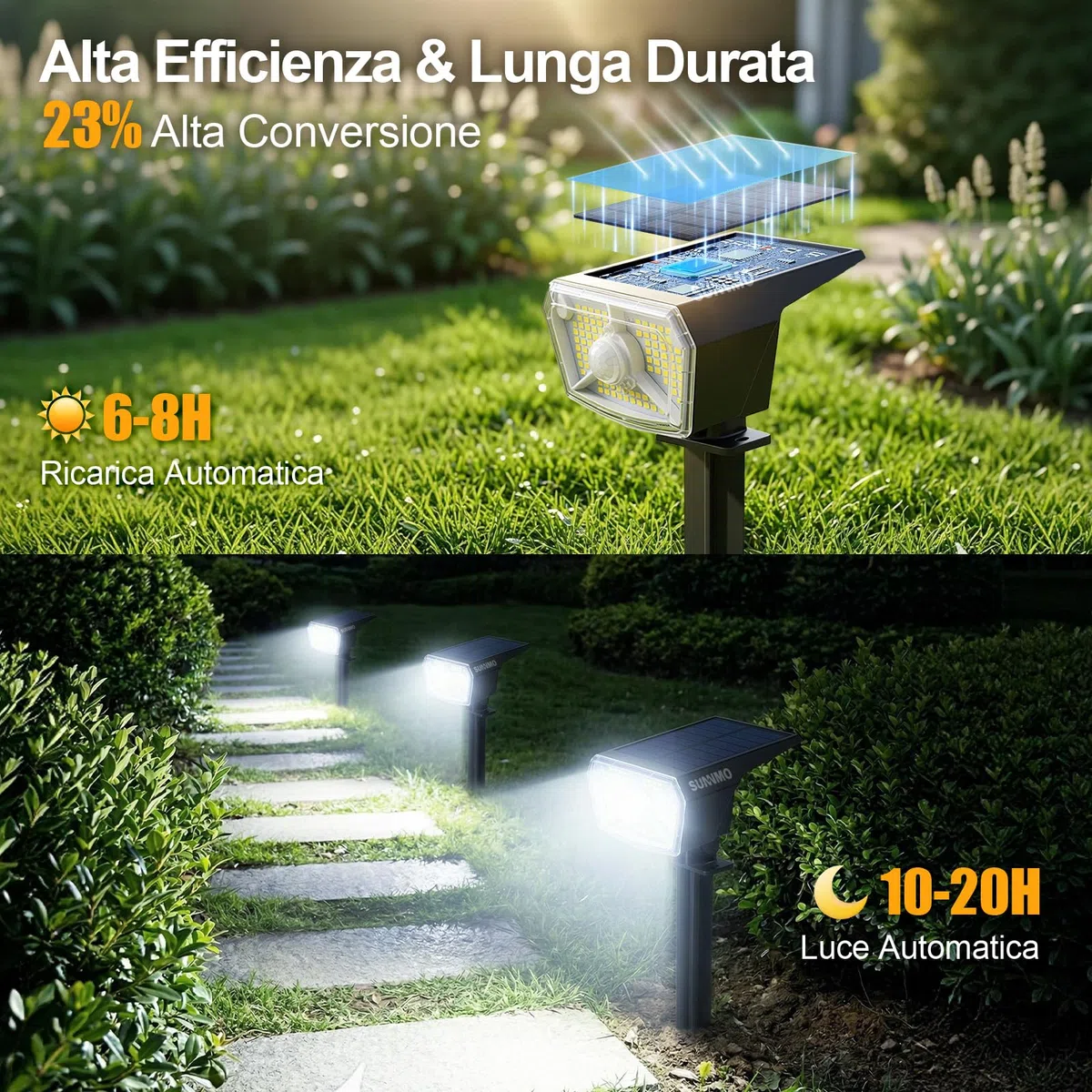 Faretti Solari a LED da Esterno con Sensore di Movimento, Lampade Luci Solari da Giardino Potenti 104LED 3Modalità, Faretto LED da Esterno Solare Giardino IP65 Impermeabile Luce Fredda, 2 Pezzi