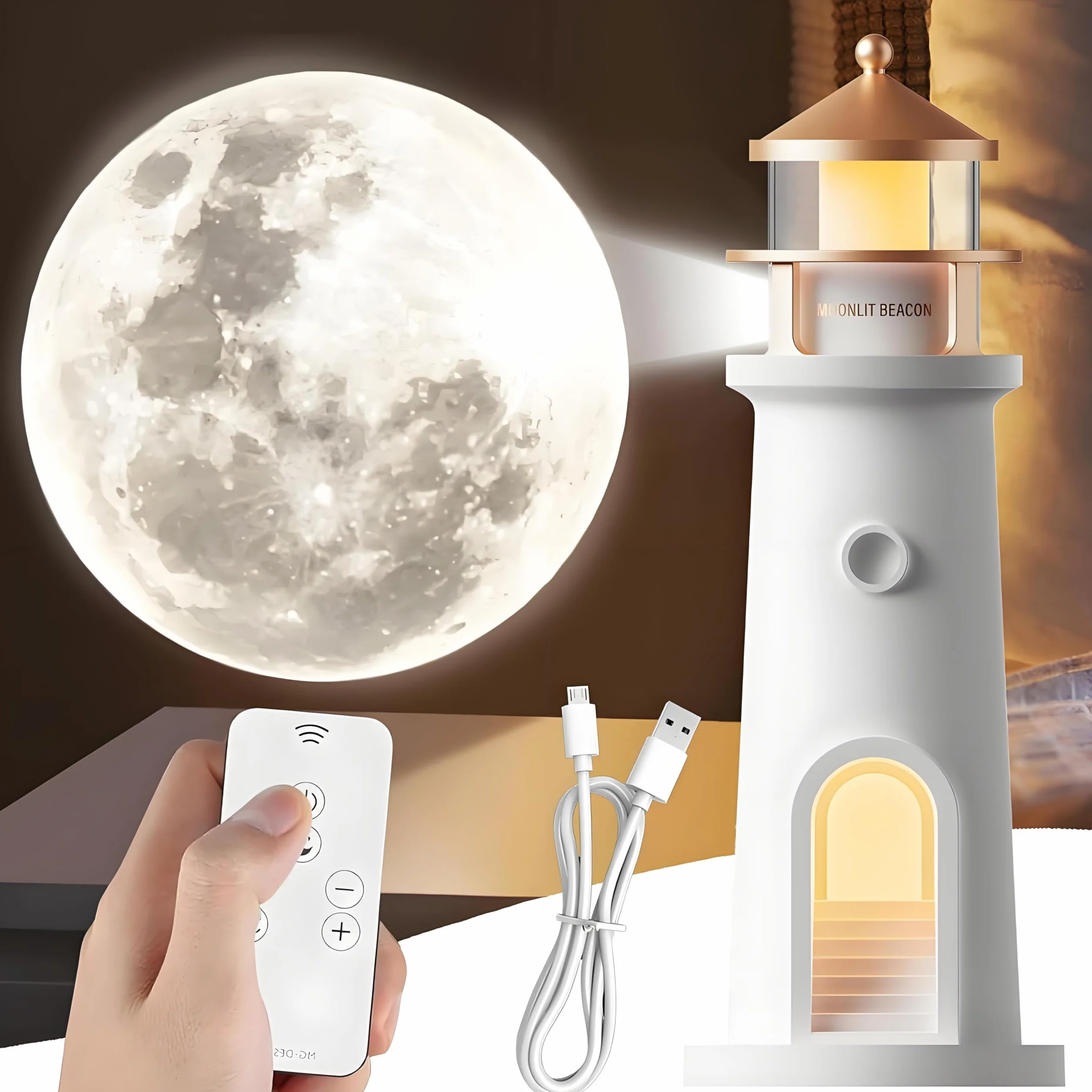 YOUYIKE Luce di Proiezione Lunare, Lampada da tavolo a forma di faro, proiettore di luce notturna, faro con proiezione lunare, Luce Notturna a LED, per Camera da Letto