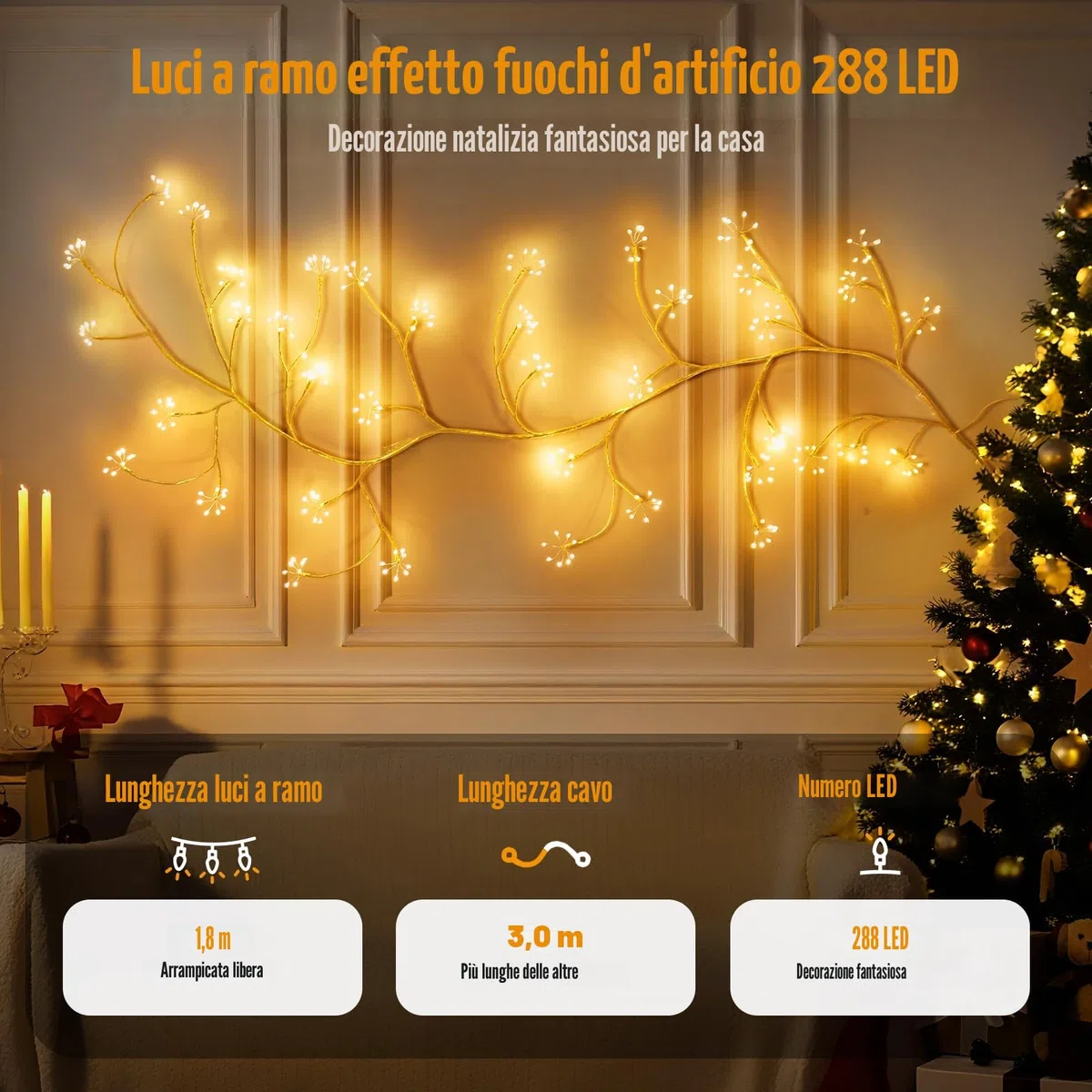 Ghirlanda Luminosa Luci a Fuochi d’Artificio, 8 Modalità Luci Albero con Telecomando e Timer, 288 LED Rami Albero Fai-da-te con Spina, Decorazione da Parete Interna per Camera da Letto e Natale