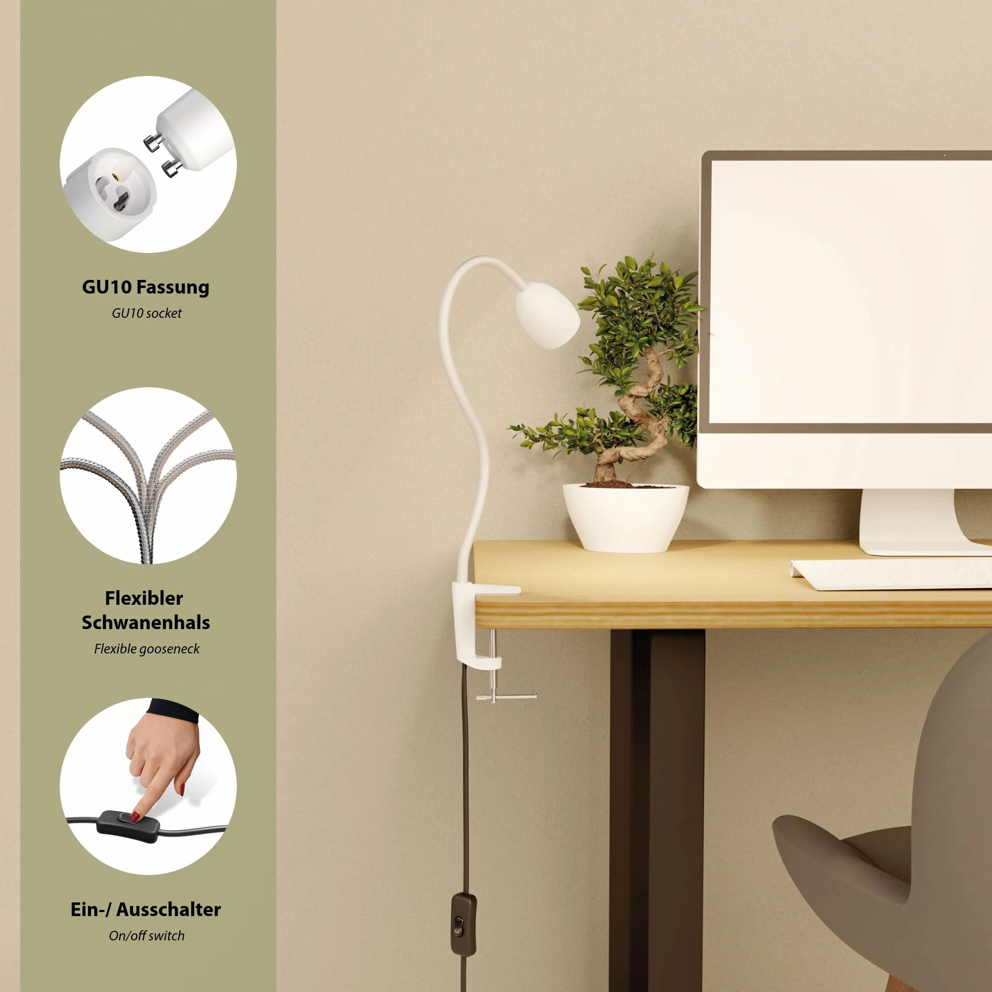 ledscom.de Luce a morsetto GU10 KLUK con collo d'oca, bianco incl. GU10, bianco caldo, 6,826W 630lm