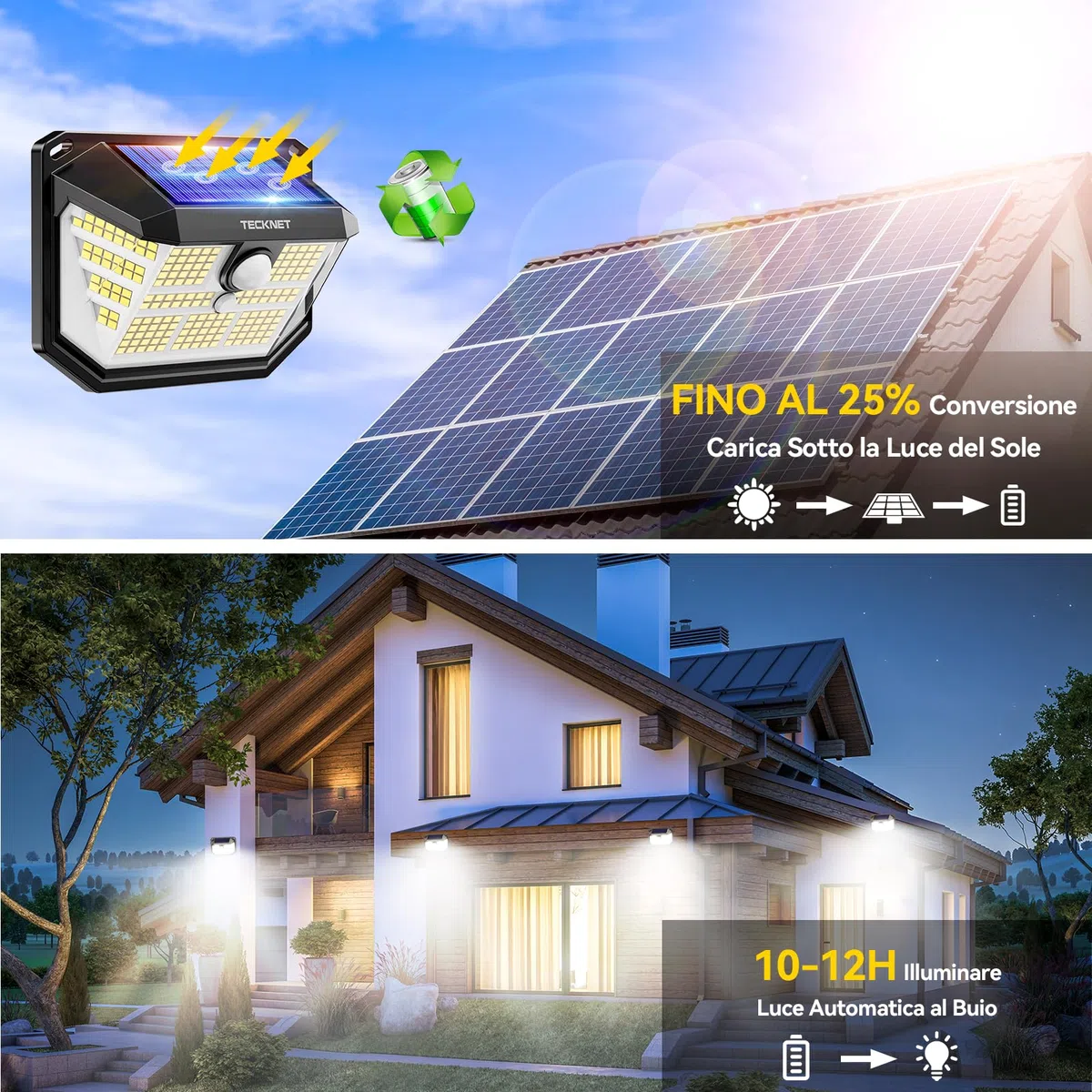 TECKNET Luci Solari Esterno, 231 Faretti Solari a Led da Esterno, 300° Super Luminoso, 3 Modalità con Sensore di Movimento, Lampada da Parete Impermeabile IP65 per Giardino, Patio e Garage - 4 Pezzi