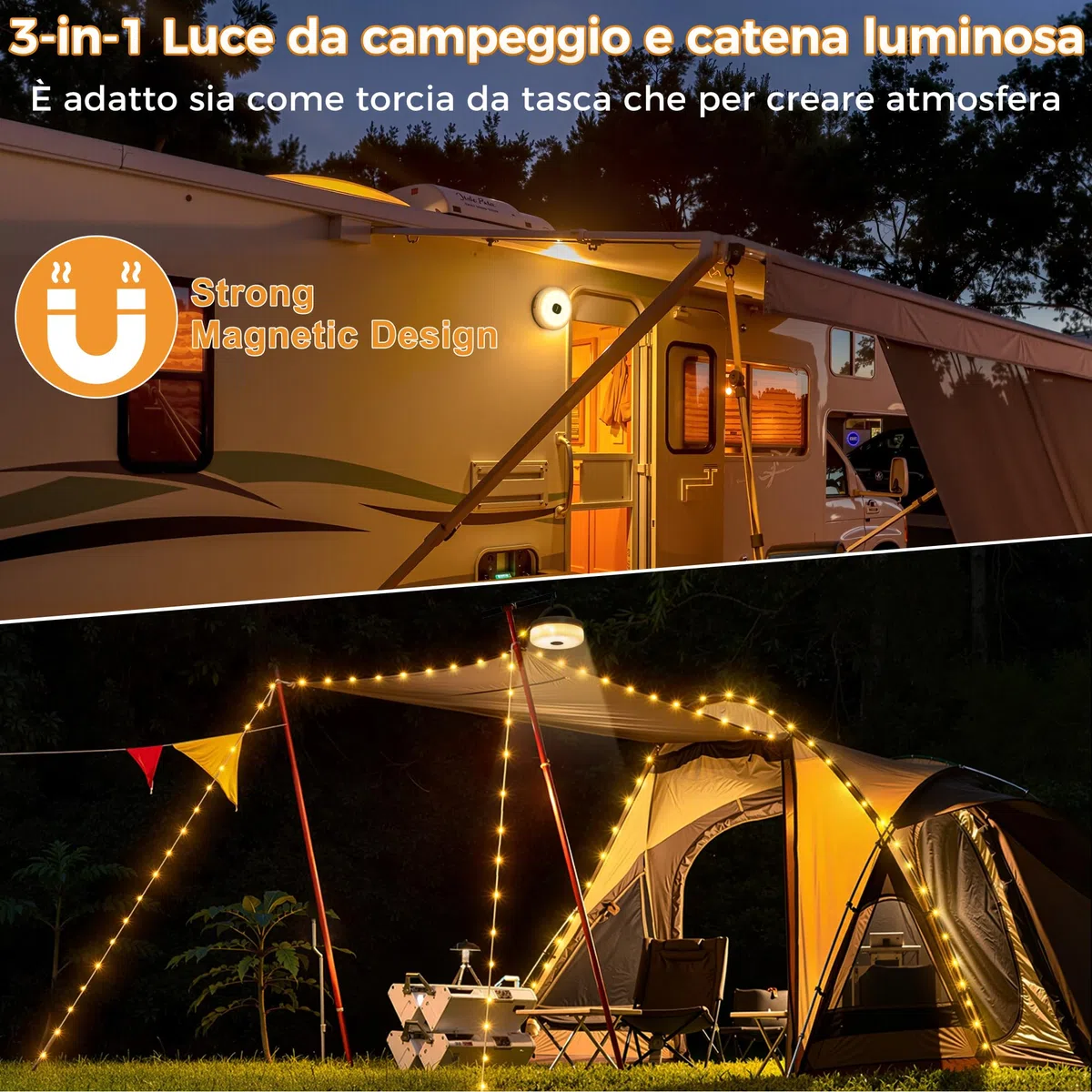 HeiPard Luci Catena Luminosa da Esterno da Campeggio Avvolgibile 10 M 100 LED, 8 Modalità, Timer, Portatile Impermeabile Luci LED da Esterno Ricaricabili USB per Campeggio, Esterni, Balcone, Giardino