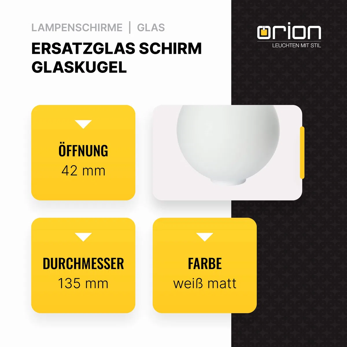 Sfera di vetro di ricambio, 135mm, dimensione del foro: 42 mm, E14, bianco opaco