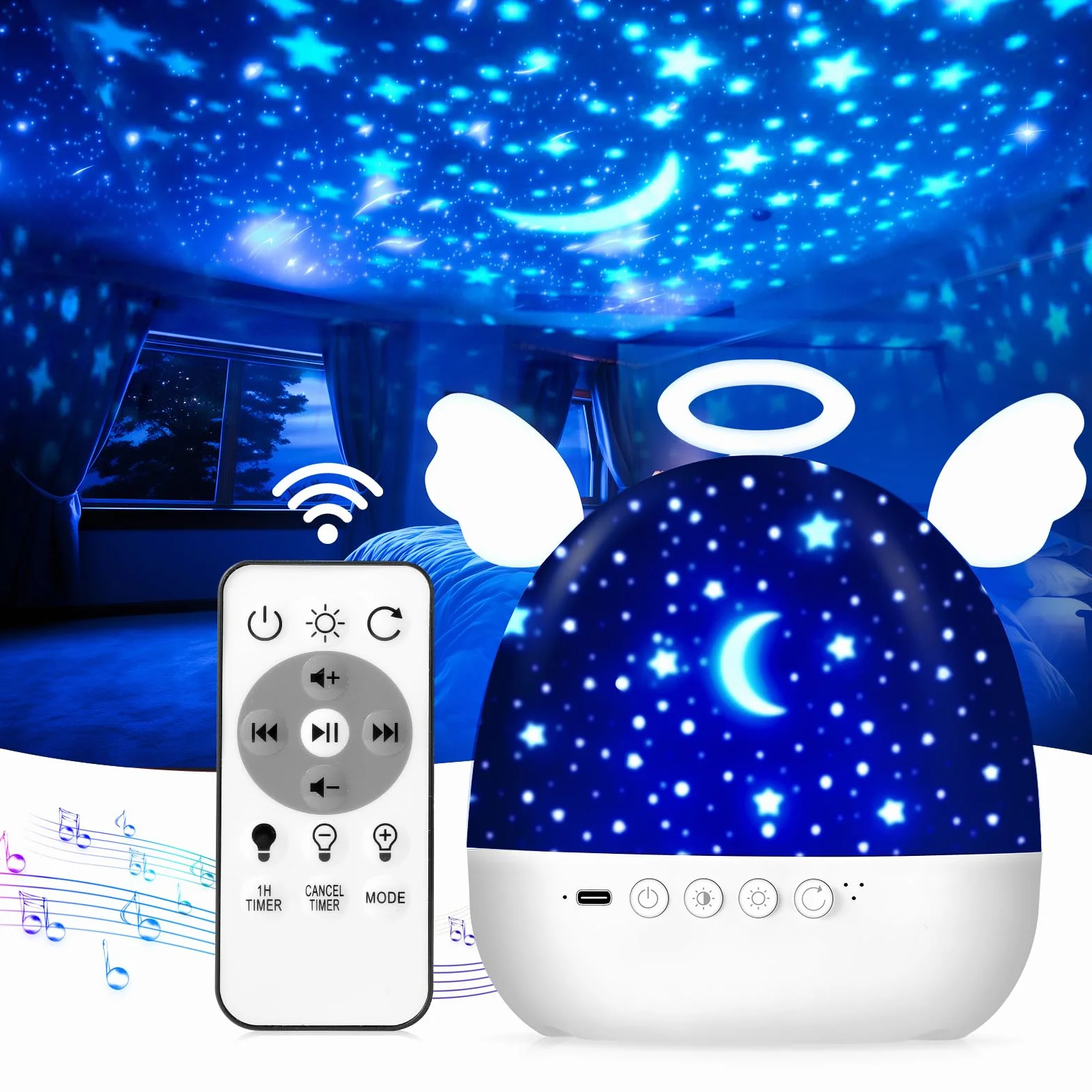 Diboniur Proiettore Stelle Soffitto Bambini, 22 Films Luce Notturna Bambini, 360°Rotazione Musicale Lampada Proiettore Stelle, Ricaricabile Proiettore Soffitto Bambini Decorazioni Camera