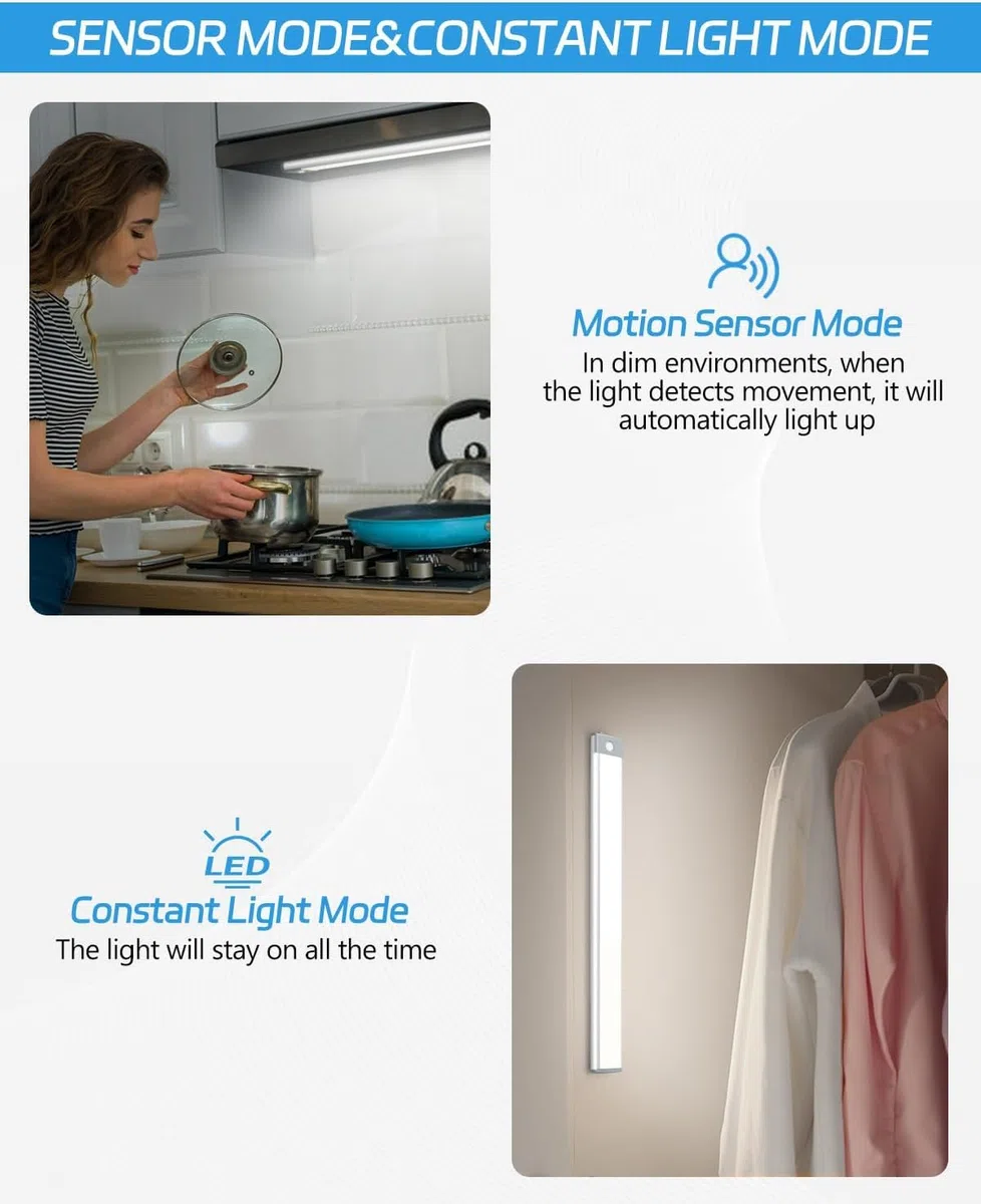 HIBOITEC Luce Armadio 54 LED con Sensore Movimento,32CM Magnetica Ricaricabile Luci Led Senza Filo,LED Sottopensile Cucina per Cucina Scale Soggiorno Bagno Camere da Letto, 2 Pezzi