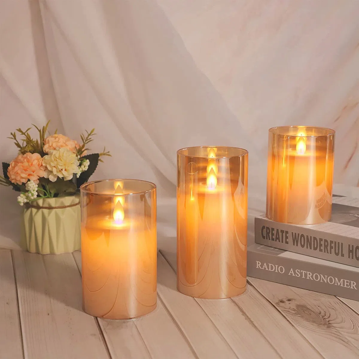 Lonkenn 2 pezzi Candele LED Ricaricabili, Fiamma Tremolante Candela LED con Marrone Vetro, Ricaricabili Candela con Telecomando e Timer per Natale Feste Decorazione Casa Matrimonio -12.5cm