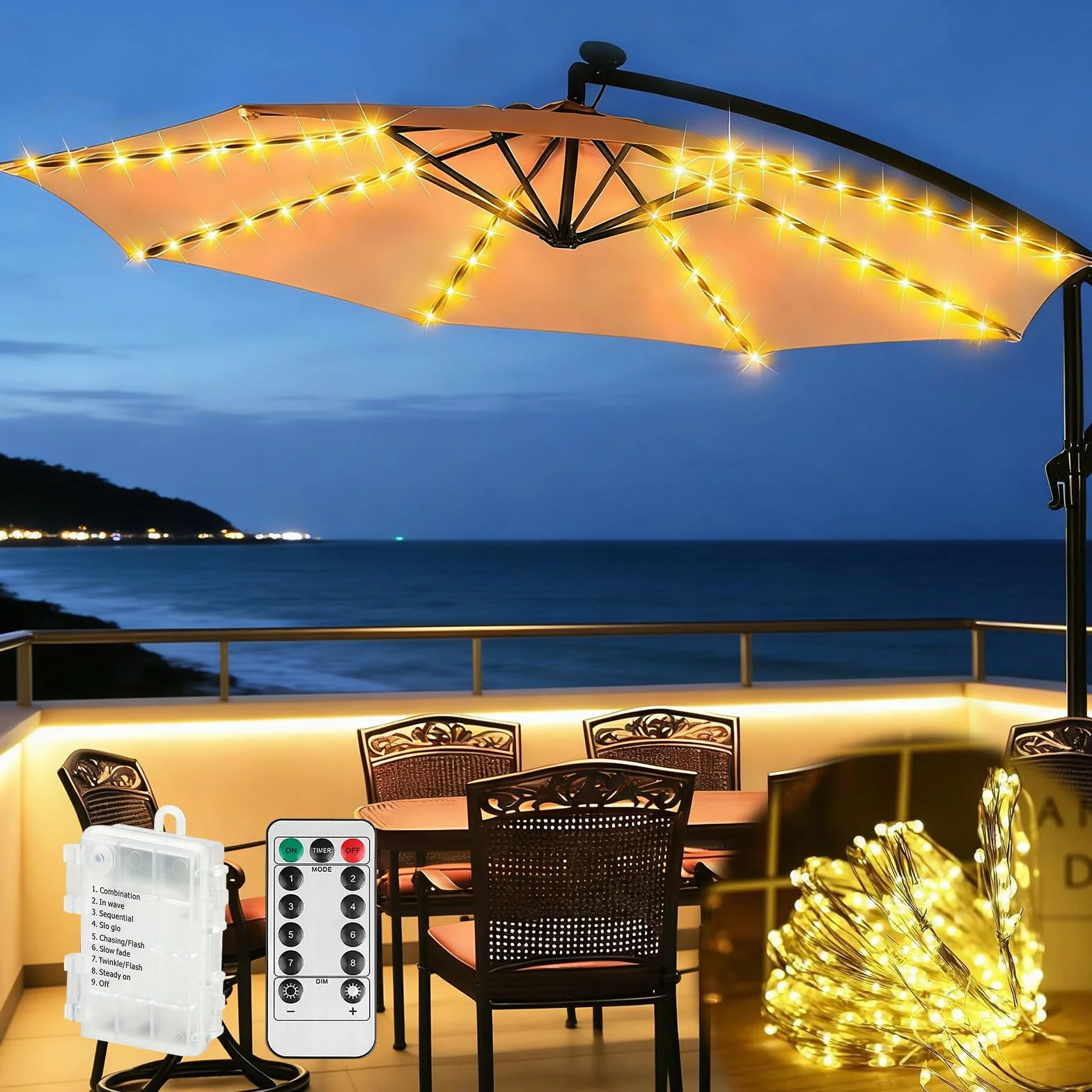Illuminazione per ombrellone, 104 LED Illuminazione per ombrellone con telecomando, IP67 Luce a catena per ombrellone, Luci per ombrellone da giardino, Striscia luminosa decorativa per baldacchino per