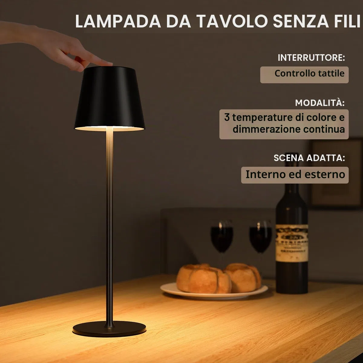 Lampada da Tavolo Senza Fili LED Dimmerabile, 3 Modalità di Colore, Lampada da Comodino Touch Ricaricabile per Camera da Letto, Soggiorno, Campeggio all'aperto Esterno Verande(Nero)