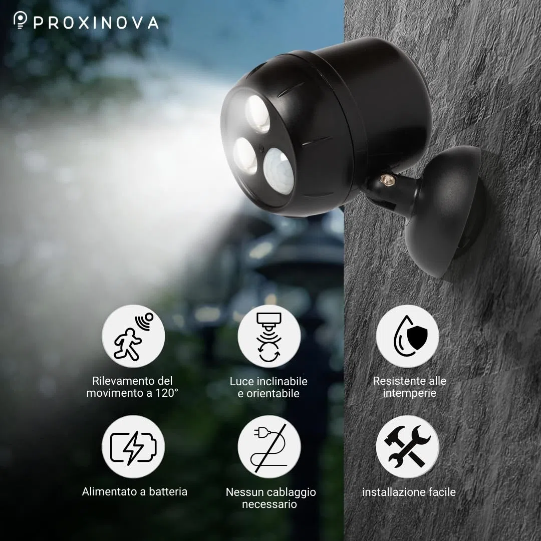 Proxinova Faretto LED da Esterno con Sensore di Movimento PIR Angolazione Regolabile, Confezione da 2 Faretti LED, Pratica Installazione, Faretti LED Esterno a batterie, Luci da Esterno di Sicurezza