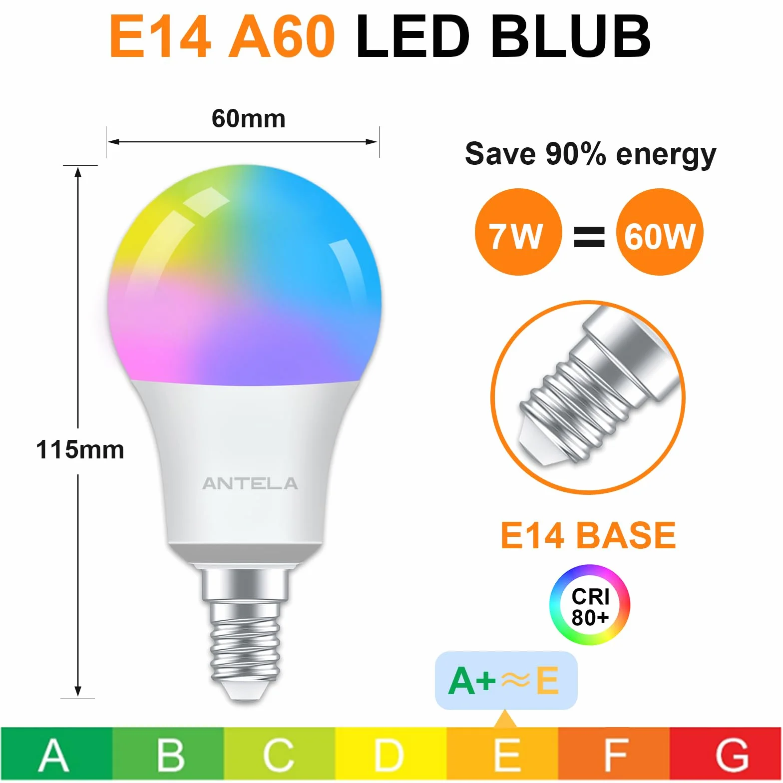 ANTELA Lampadine LED Alexa Inteligente WiFi E14, Dimmerabile Lampadina Smart 7W 806ML 60W equivalente, RGB & 2700K-6500K bianco freddo caldo, compatibile con Alexa/Google Home, 2 pezzi