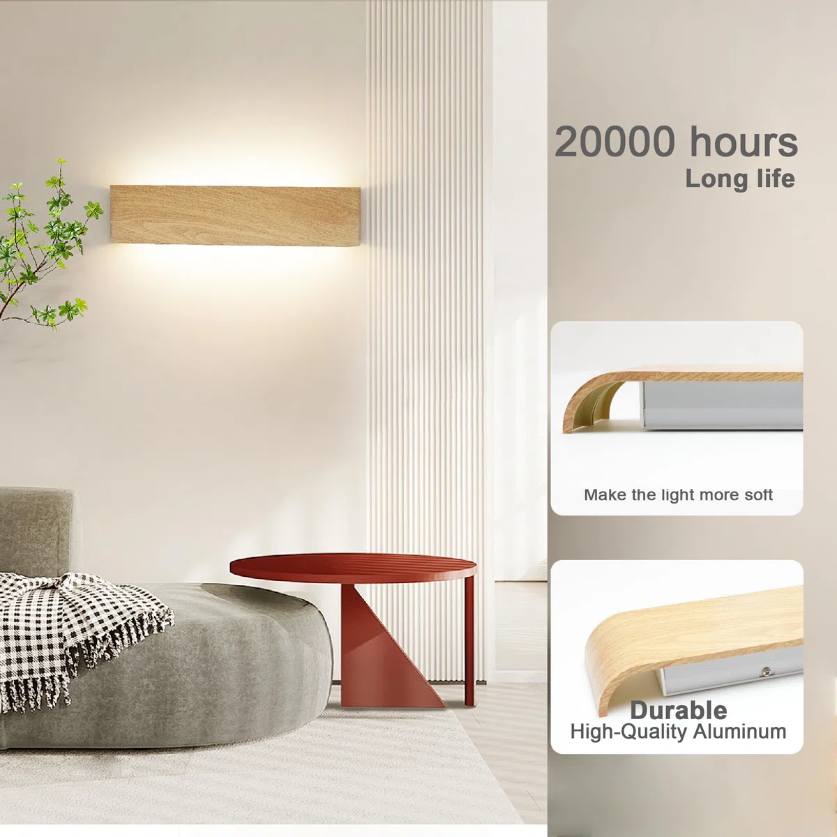 Lampada da Parete LED Interni Luce Alluminio 24W 41CM Applique da Parete Interno Moderno Lampada a Muro per Camera da Letto Scale Corridoio, 3 Modalità Luce (venature del legno)