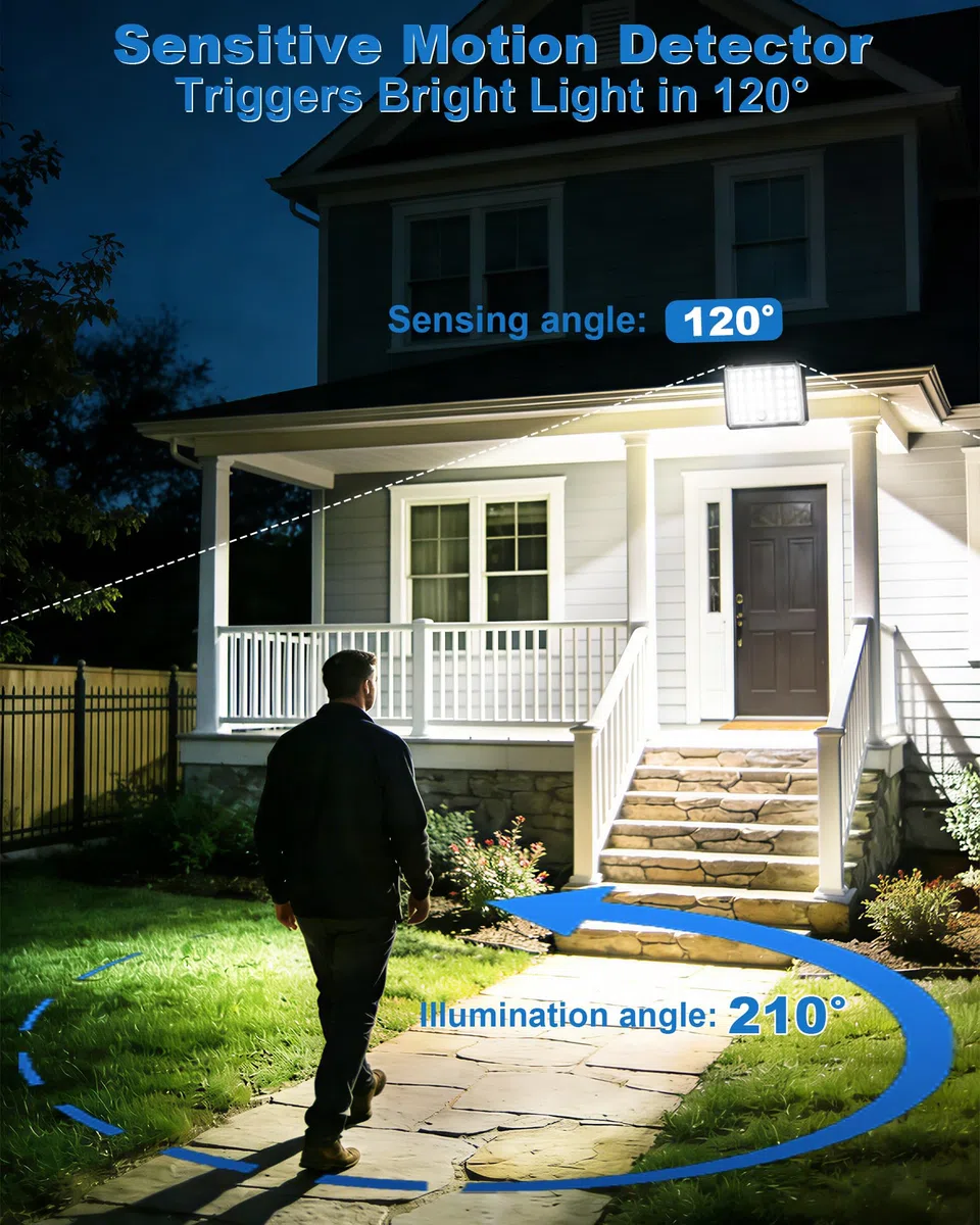 Luci Solari da Esterno, 3600mAh 4 Modes Faretto LED da Esterno Solare con Telecomando, Illuminazione a 210° Luce Solare LED Esterno, IP66 Impermeabile Faro LED Esterno con Pannello Solare, 1 Pezzo