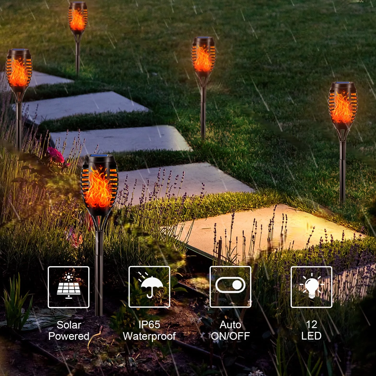 LQWELL® Torce Solari per Esterni da 6 Lampade Solari LED con Effetto Fiamma, Impermeabili IP65, Confezione da 6