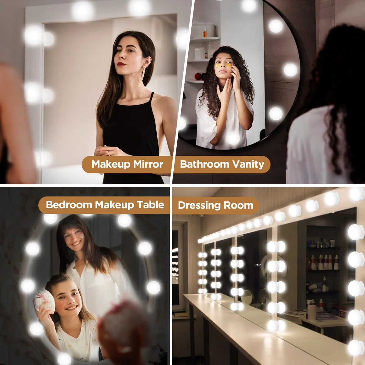 Luci Trucco, Kit di 14 Lampadine Hollywood LED Dimmerabile con Adattatore, Specchio Hollywood Dimmerabile con 3 Colori e 10 Intensità per Parrucchiere
