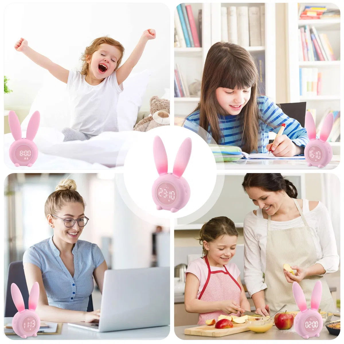 Sveglia Bambini, Carina Sveglia Coniglio comodino con Luce Notturna Funzione Snooze Timer, Ricaricabile Induzione Wake up Light - Rosa
