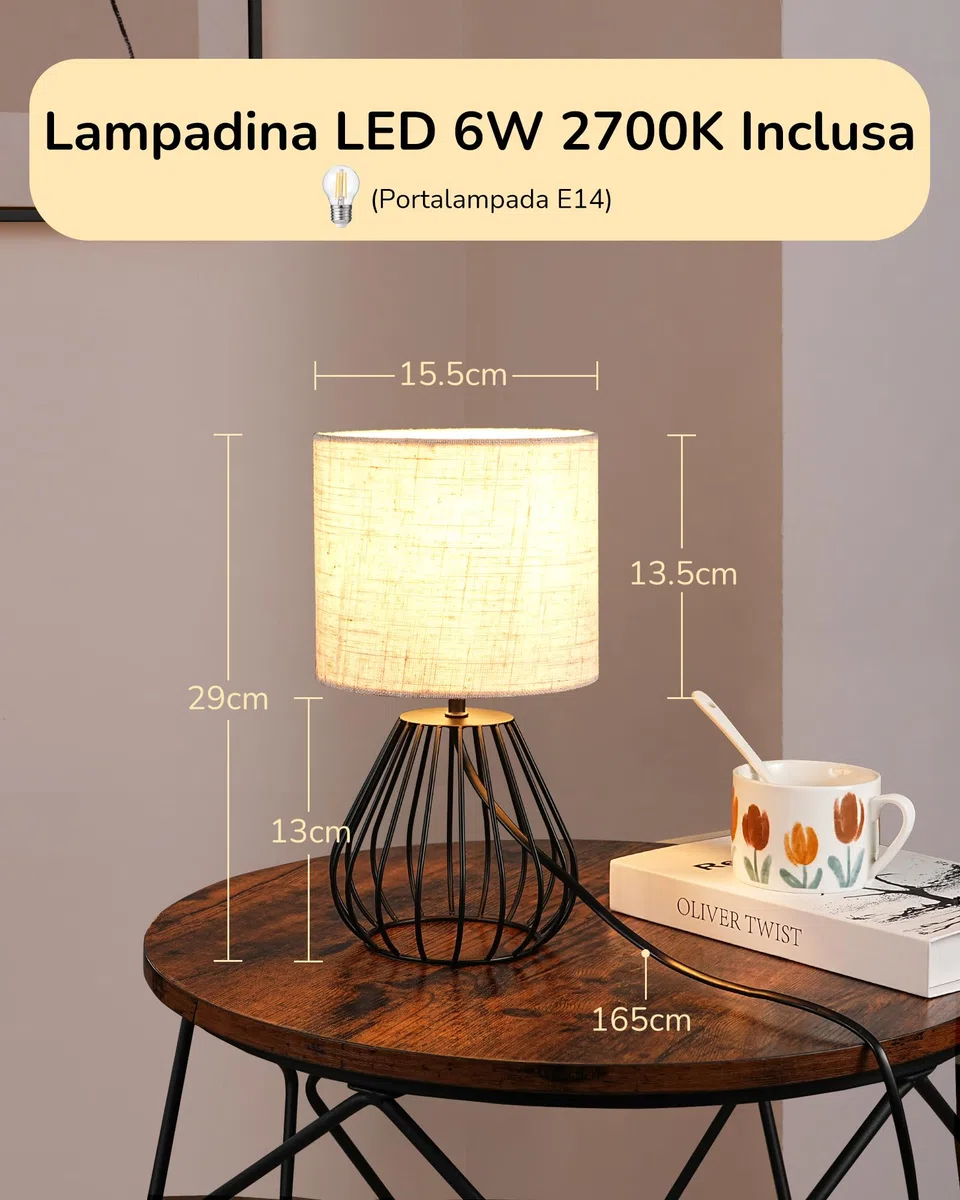 EDISHINE Lampada da Comodino in Lino Beige, Lampadina LED E14 Bianco Caldo 2700K Inclusa, Lampada da Tavolo Moderna per Camera, Ufficio, Soggiorno