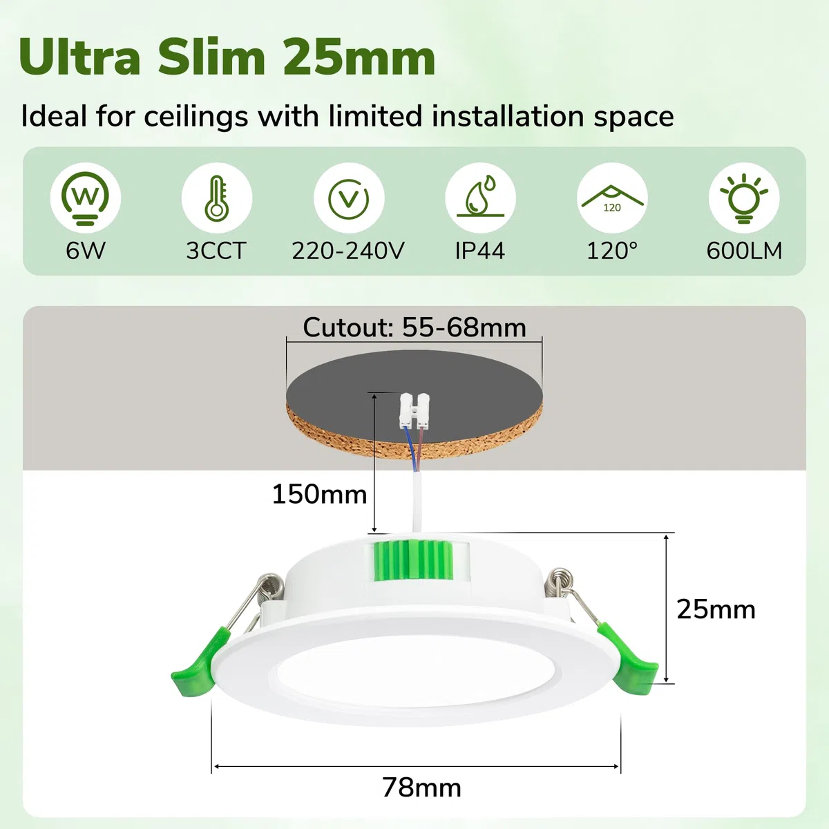 Confezione da 4 Faretti LED Incasso Extra Slim 25mm, 6W 600LM, Soffitto Dimmerabili 3 Intensità Senza Dimmer, 2700K/4000K/6000K, IP44 Faretto LED Bagno Cucina, Foro Ø58-68mm, 230V, Bianco