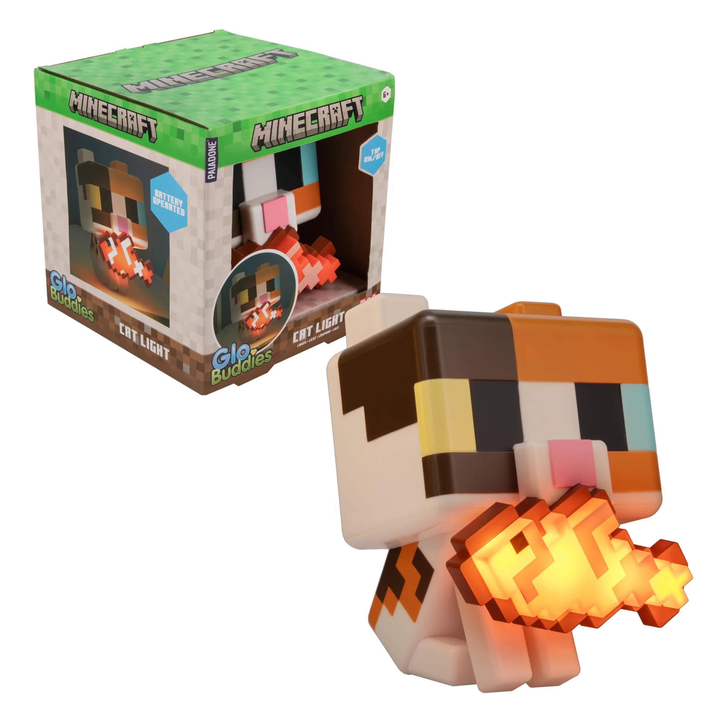 Paladone Minecraft Cat GloBuddies Light, 15cm Tap‑to‑On Lamp with Light‑Up Fish, AA Battery Powered, Officially Licensed