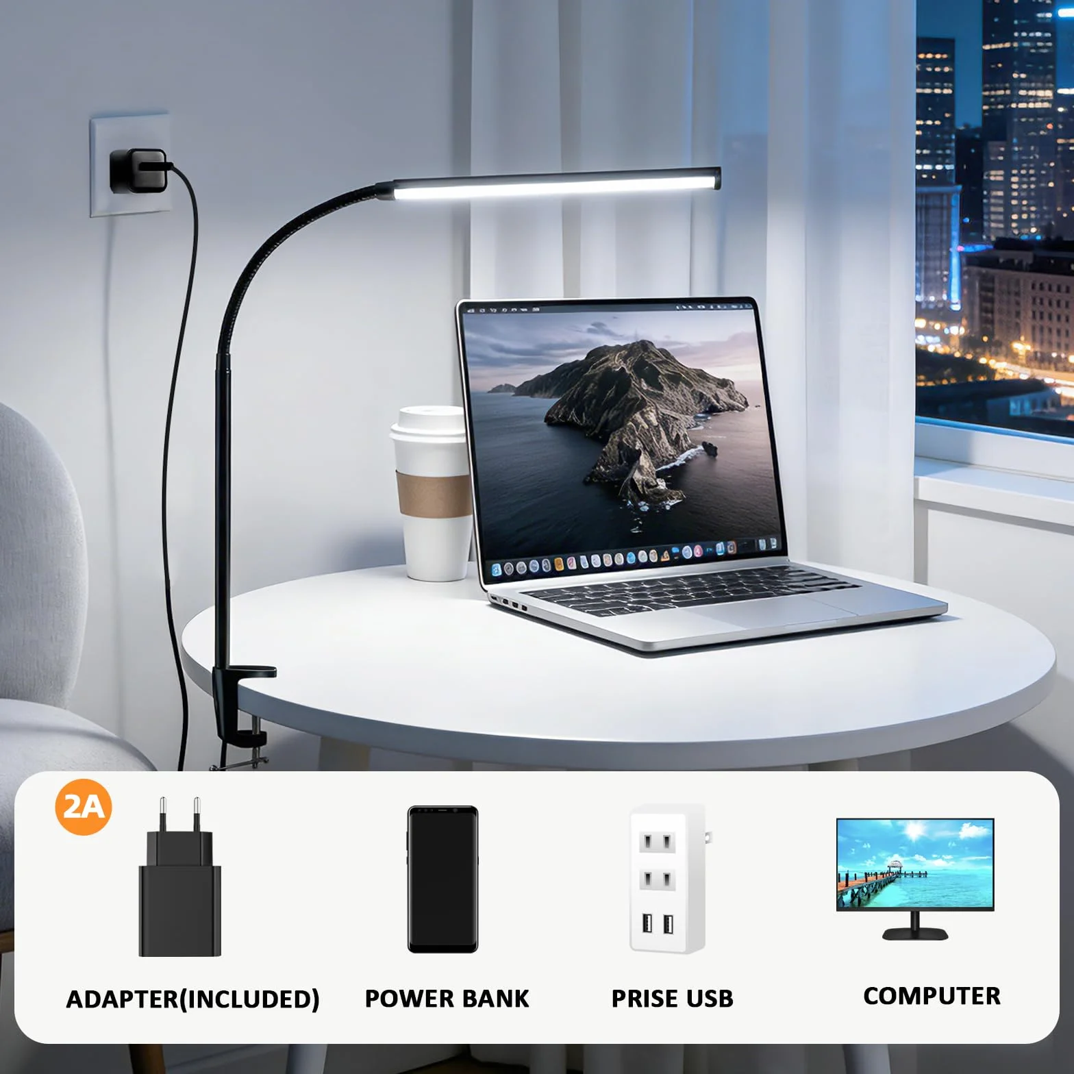 Akynite Lampada da Scrivania con Pinza e Cavo, Adattatore incluso, 3 Colore e 10 Intensità, Lampada da Lettura da Letto, Flessibile Lampada USB per PC, Luce Tavolo, Nera