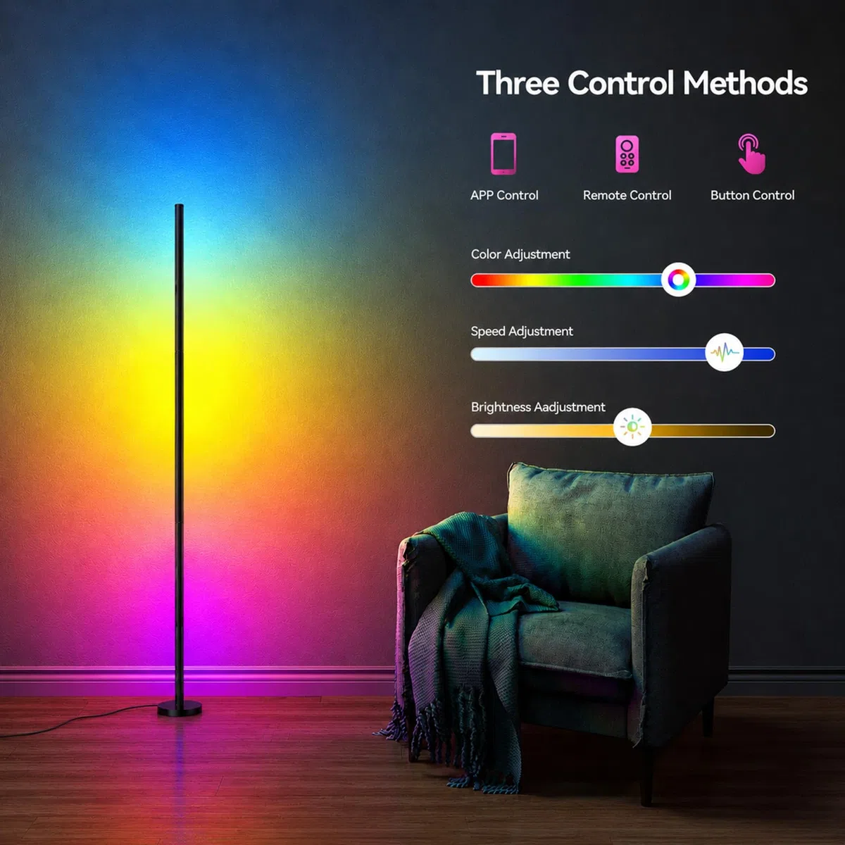 Lampada da Terra RGB per Soggiorno 120 cm,Luce ad Angolo Dimmerabile con app Intelligente e Telecomando,16 Milioni di Colori, Sincronizzazione Musicale,Runzione di Temporizzazione per Camera da Letto