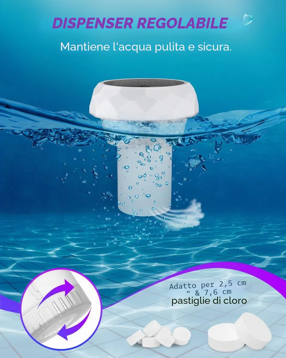 Luce per piscina solare – LED RGB con telecomando RF, contenitore per pastiglie di cloro, luce galleggiante impermeabile IP68 per piscina, giardino e decorazioni esterne