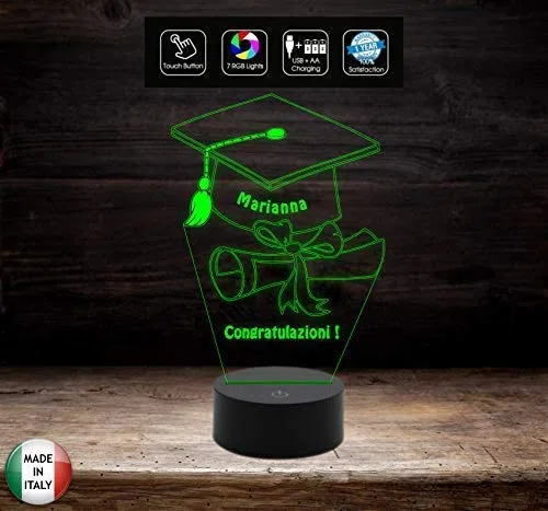 Generico Idea Regalo Laurea Lampada LED 7 Colori Tocco Personalizzabile con Nome da Scrivania in Acrilico e ABS