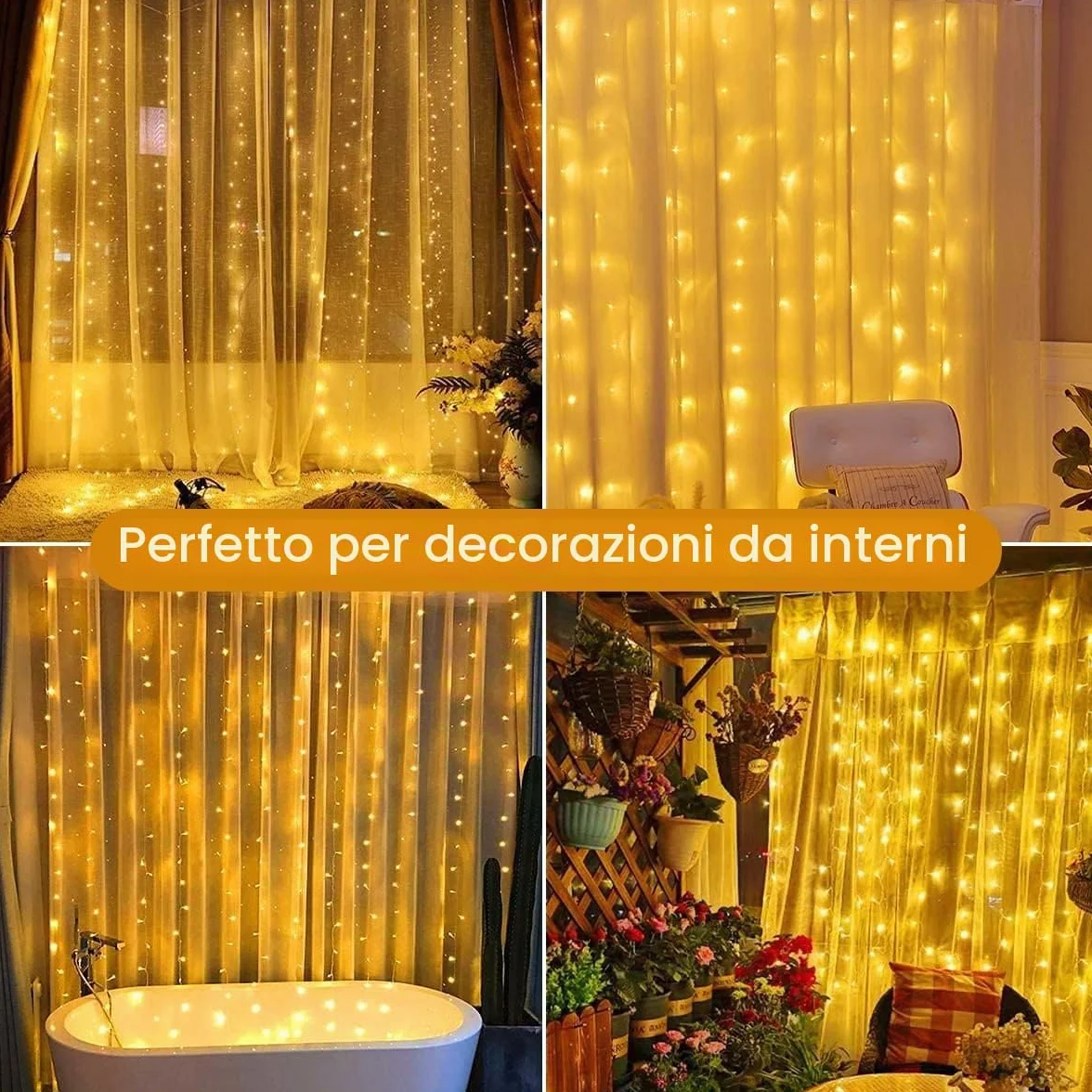 yowin Tenda Luminosa Esterno Interno 6m x 3m 600 LED Cascata Luci Impermeabile IP65 con Timer, 8 Modalità Luci Tenda con Presa per Matrimonio, Gazebo, Finestra, Parete, Giardino - Bianco Caldo