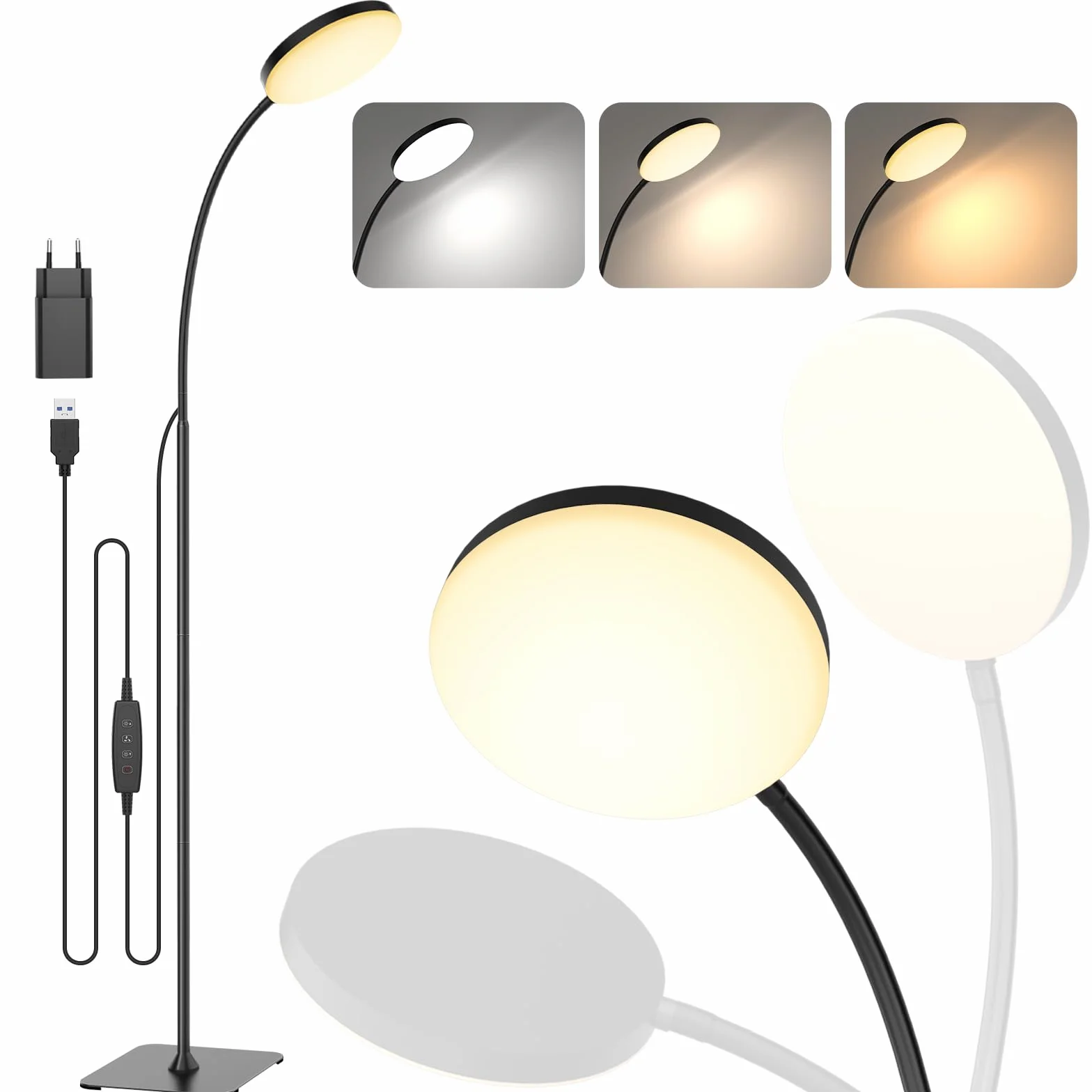 Mojimdo 160LED Lampada da terra [3 colori e 10 luminosità] Lampada da lettura LED sottile da terra, luce a collo d'oca flessibile regolabile e dimmerabile per camera da letto per bambini, ufficio
