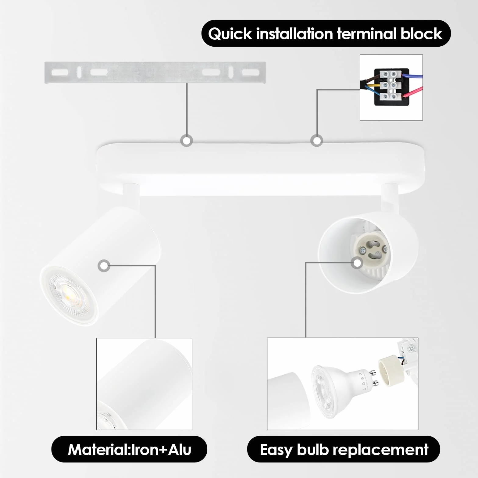 KYOTECH Faretti da soffitto 2 luci plafoniera LED plafoniera bianca faretto orientabile GU10 faretti da soffitto girevoli per 2x lampadine GU10 per cucina soggiorno, lampadine non incluse