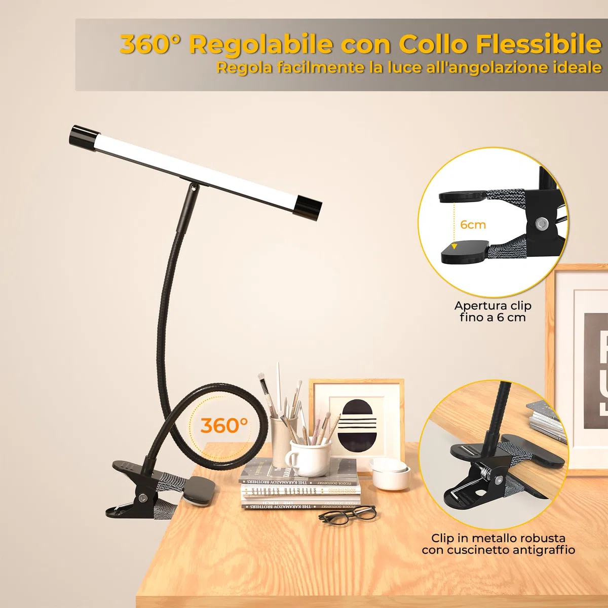 Lustaled Lampada da Cavalletto per Pittura, Lampada da Scrivania a LED con Pinza, Luce Lettura Letto, 3 Colori & 5 Luminosità, USB-C, Luce per Leggio Musicale, Lampada da Lavoro a Morsetto