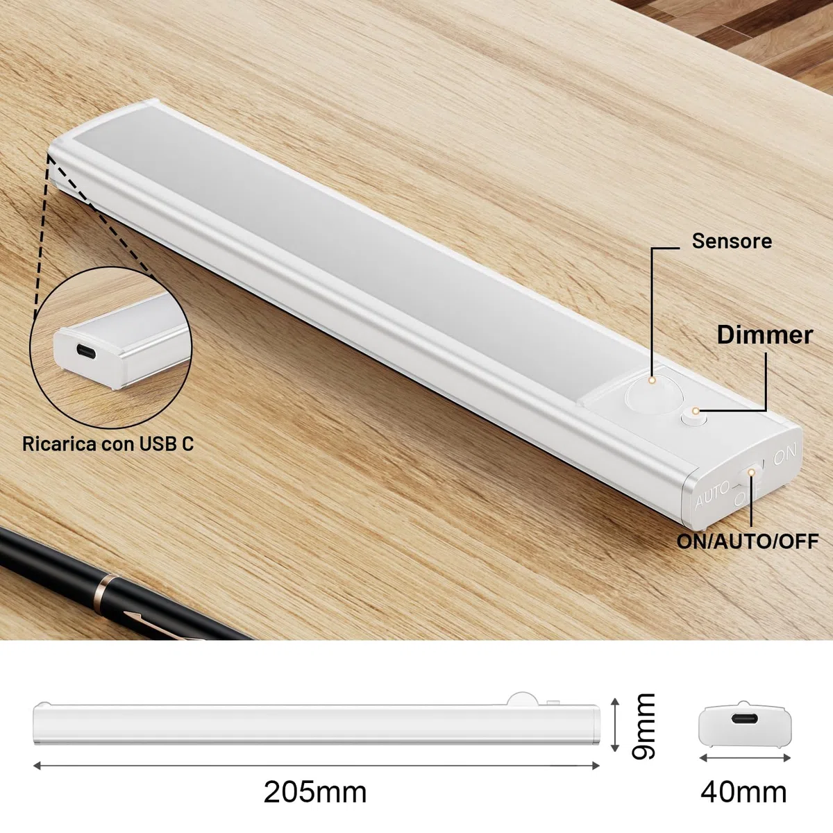 daphomeu 5 Pezzi LED Sottopensile Cucina, Dimmerabile Luce led Sottopensile, 20cm Bianco Freddo Luce Armadio led con Sensore, wireless luci ricaricabile magnetica per scale, armadio
