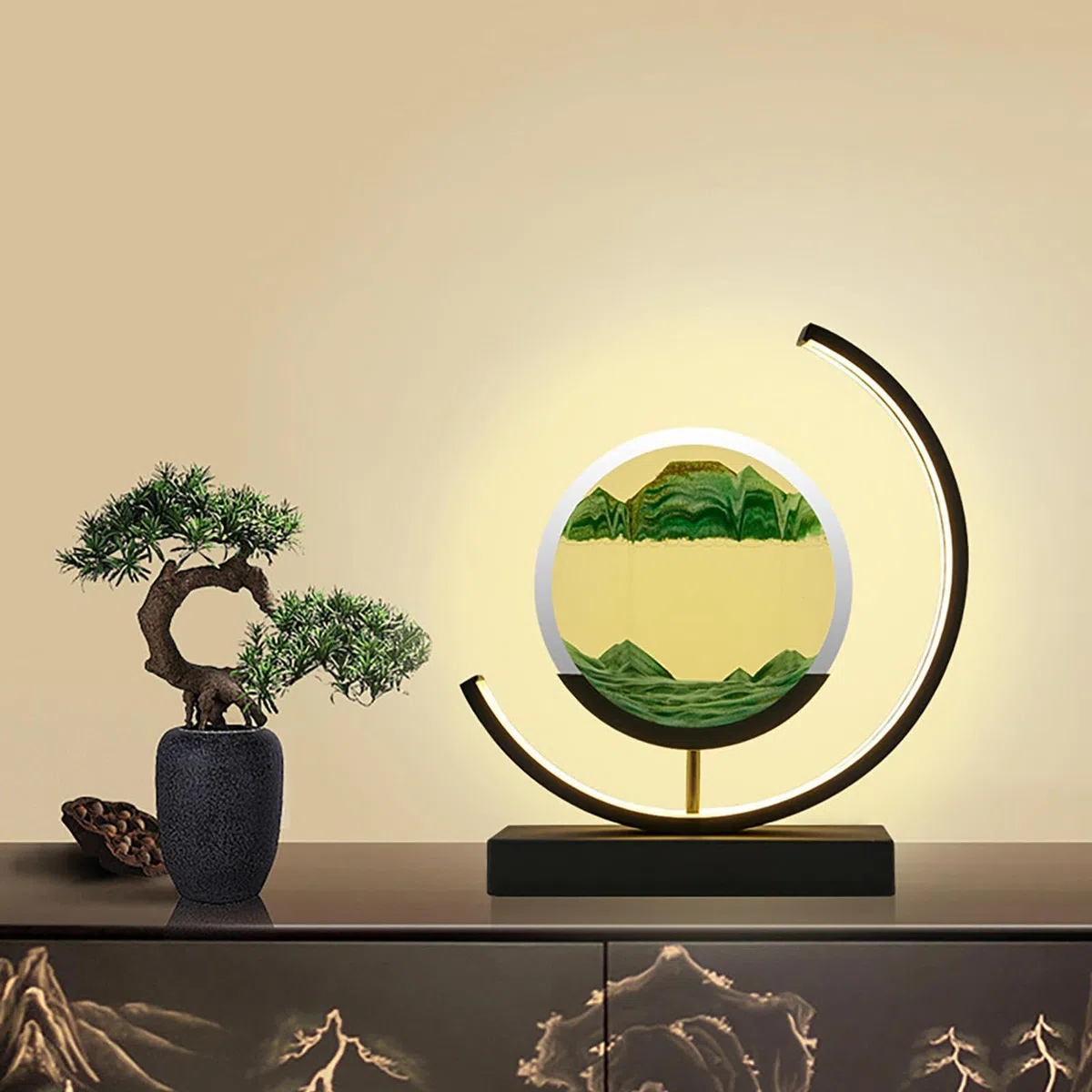 BlackFrame-Blue - Pittura di sabbia 3D con luce notturna a LED, cornice pieghevole, lampada di immagine rotonda in 3D, per ufficio, decorazione e soggiorno, regalo