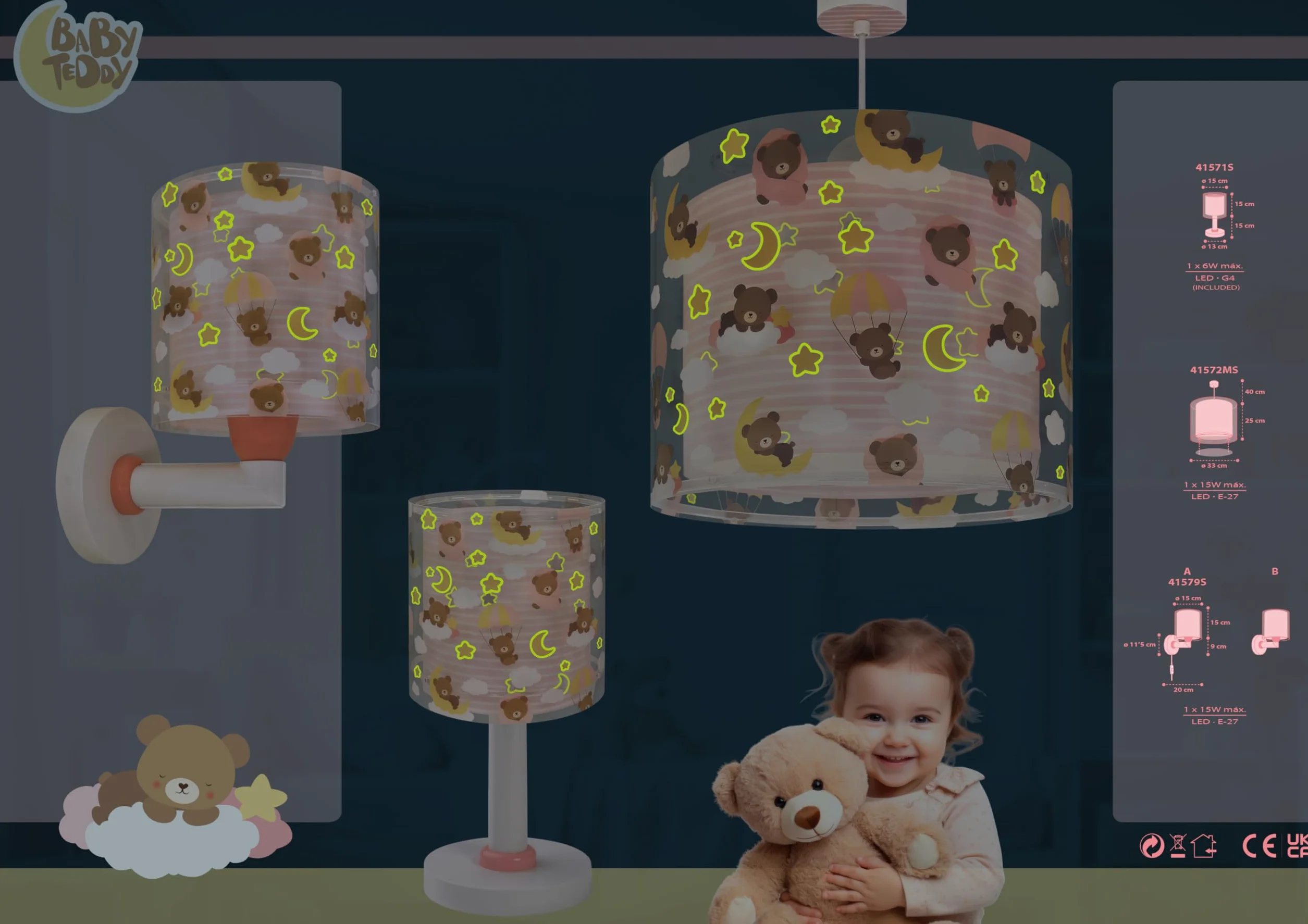 Dalber Lampada da tavolo per bambini, luce da comodino e da notte Baby Teddy Bears Clouds Pink, 41571S, G4-4W LED - Lampadina inclusa