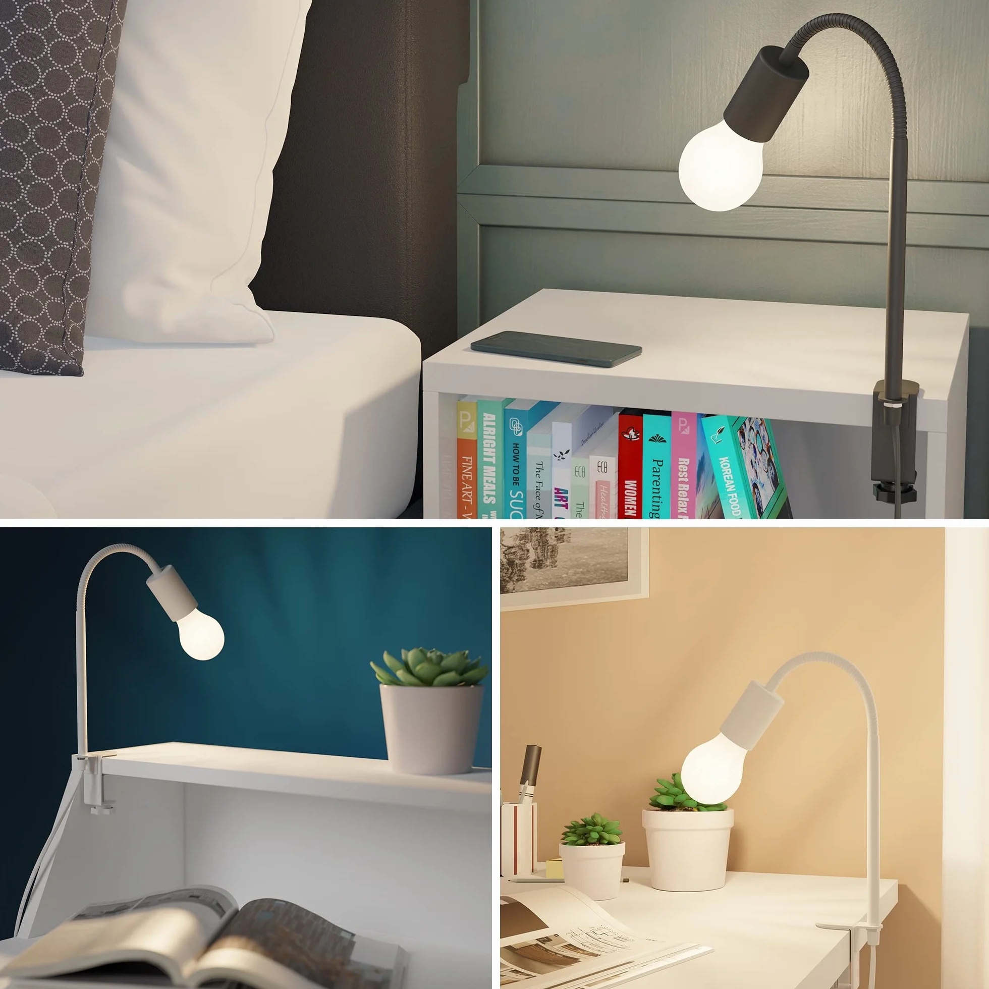 ledscom.de Lampada a morsetto, collo d'oca LELE, interruttore, bianco opaco, 1x E27 max. 60W