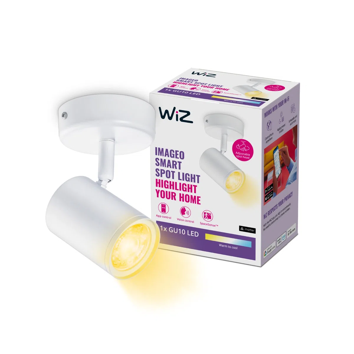 WiZ Faretto Smart Imageo WiFi, Luce Bianca da Calda a Fredda Dimmerabile, 5W, Bianco, Tecnologia SpaceSense, Controllo Vocale (Alexa, Apple HomeKit, Google Home)