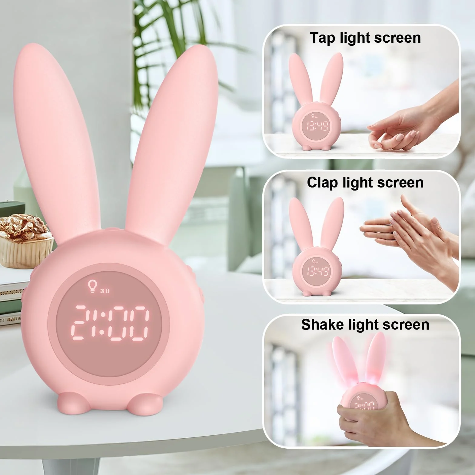 Homealexa Sveglia Bambini da Comodino Sveglia di Coniglio con Luce Notturna Funzione Snooze Timer Lampada Orologio da Tavolo Sveglia Ricaricabile Senza Fili Regalo per Ragazzi Studenti (Rosa)
