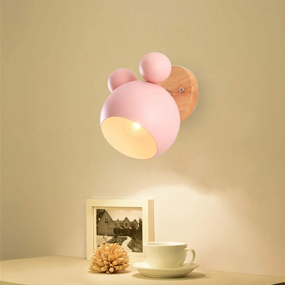 Mengjay Creativo cartone animato in legno Topolino applique da parete Nordic Macaron Lampada da parete a LED per bambini che leggono camera da letto comodino illuminazione E27 Luce da Muro (Rosa)