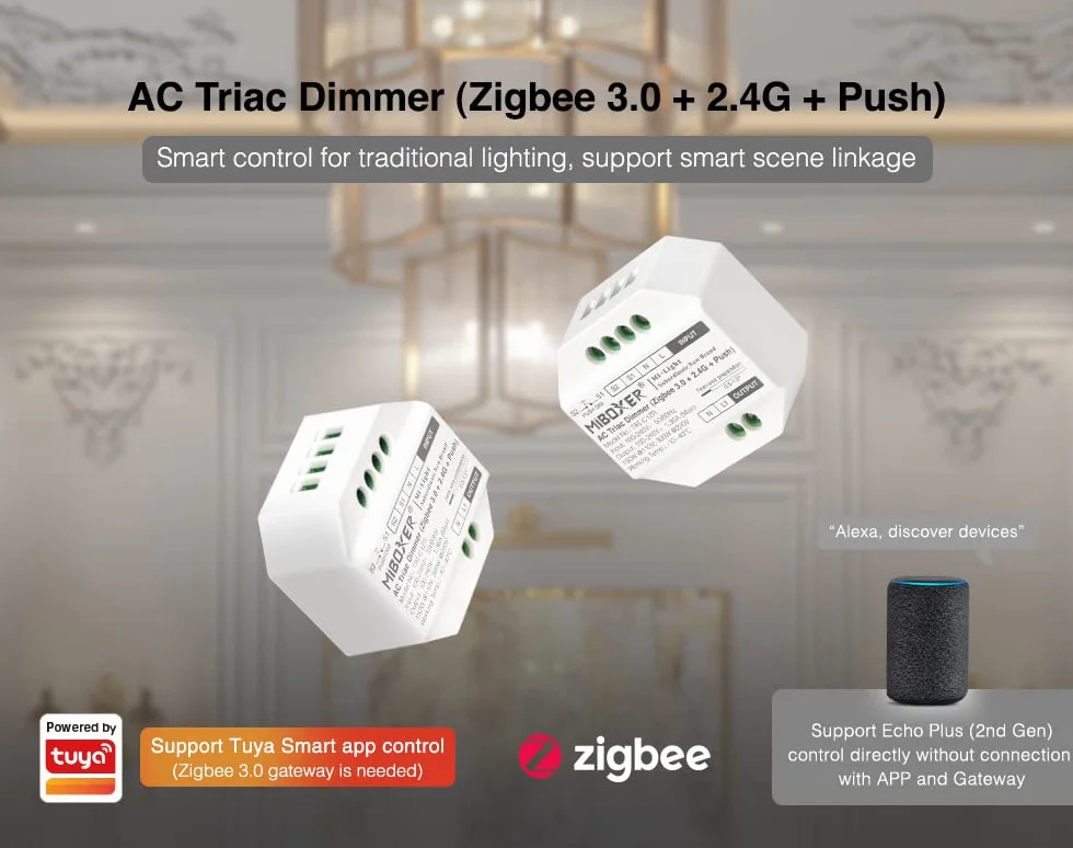 LIGHTEU®, Miboxer Zigbee3.0 e dimmer triac Push AC 100-240V da 2,4 GHz per lampade e faretti dimmerabili, TRI-C1ZR