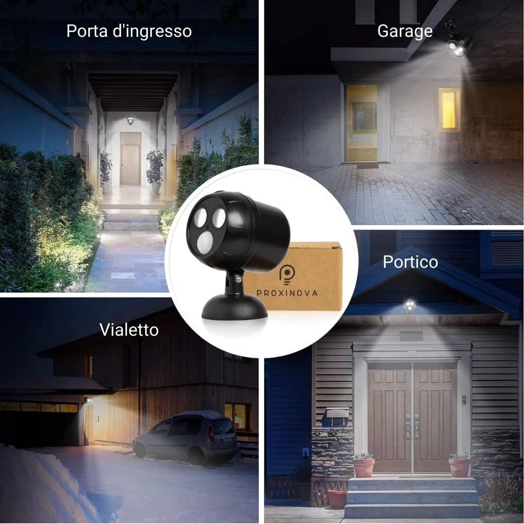 Proxinova Faretto LED da Esterno con Sensore di Movimento PIR Angolazione Regolabile, Confezione da 2 Faretti LED, Pratica Installazione, Faretti LED Esterno a batterie, Luci da Esterno di Sicurezza
