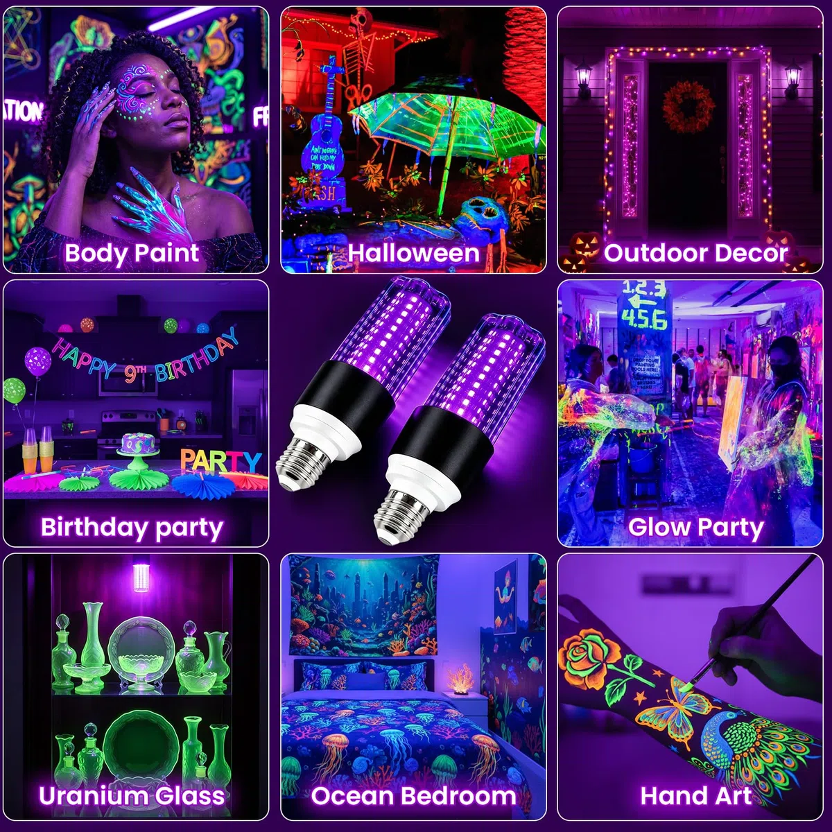 2 Pezzi Lampadina UV 15W, Lampadina Luce Nera E27, 395-400nm Black Light Bulb, Lampadina Ultravioletti per Festa Glow, Acquario, Bar, Poster Fluorescente, Halloween, Discoteca