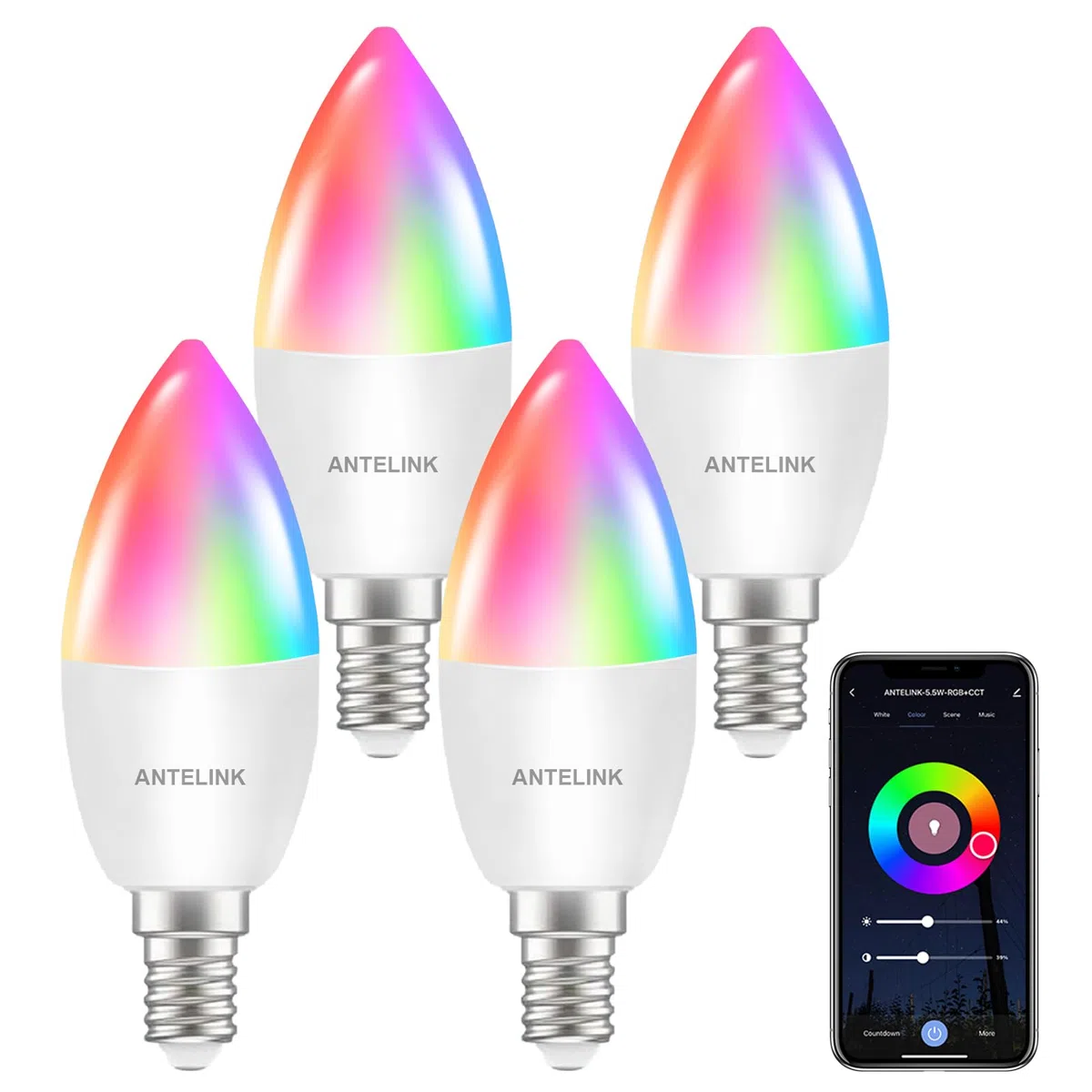 Lampadina Alexa E14 Wifi Dimmerabili, 5,5W 400 Lm 40W Equivalente, Lampadina Led Smart RGBCW 2700K-6500K, Compatibile con Alexa e Google Home, 4 pezzi