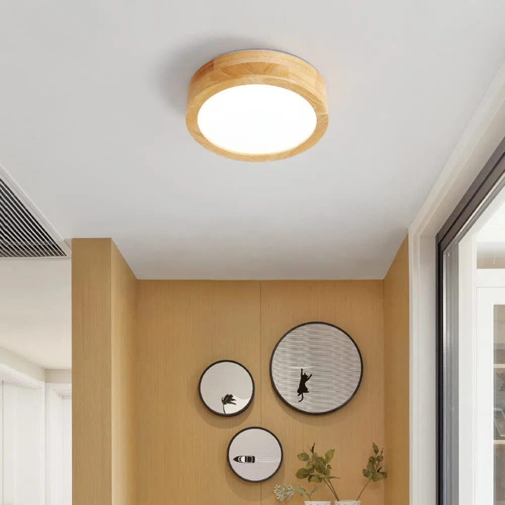 XKAI Plafoniera LED Con Sensore di Movimento - XKAI 12W Lampada da soffitto con sensor a Microonde - Lampade da parete In Legno per Balcone Scale Corridoi Cantina Seminterrato - 3500K 23cm