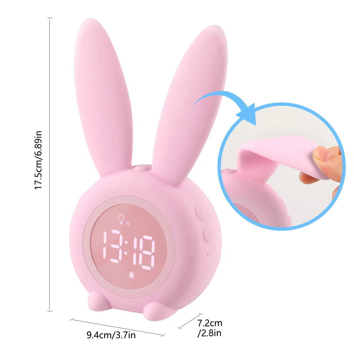 Sveglia Bambini, Carina Sveglia Coniglio comodino con Luce Notturna Funzione Snooze Timer, Ricaricabile Induzione Wake up Light - Rosa