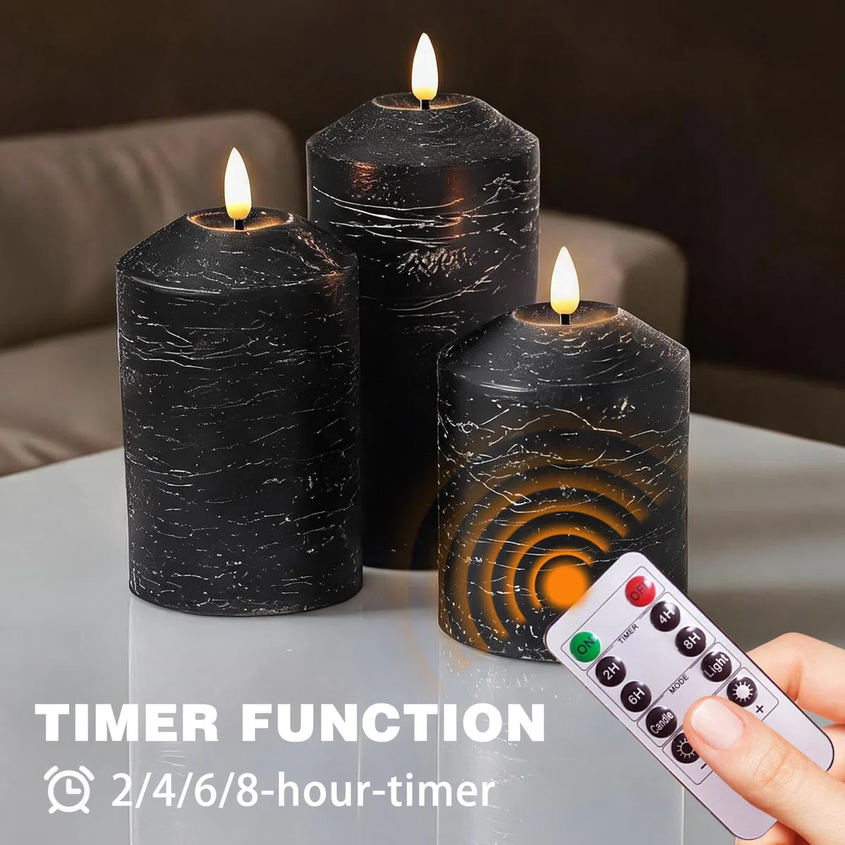 Candele LED Senza Fiamma set 3,Real Wax Pilastro, Candela a Batteria Senza Fiamma con Timer e Telecomando Candele LED per festa, decorazione abitativa, campeggio, matrimoni (Nero)