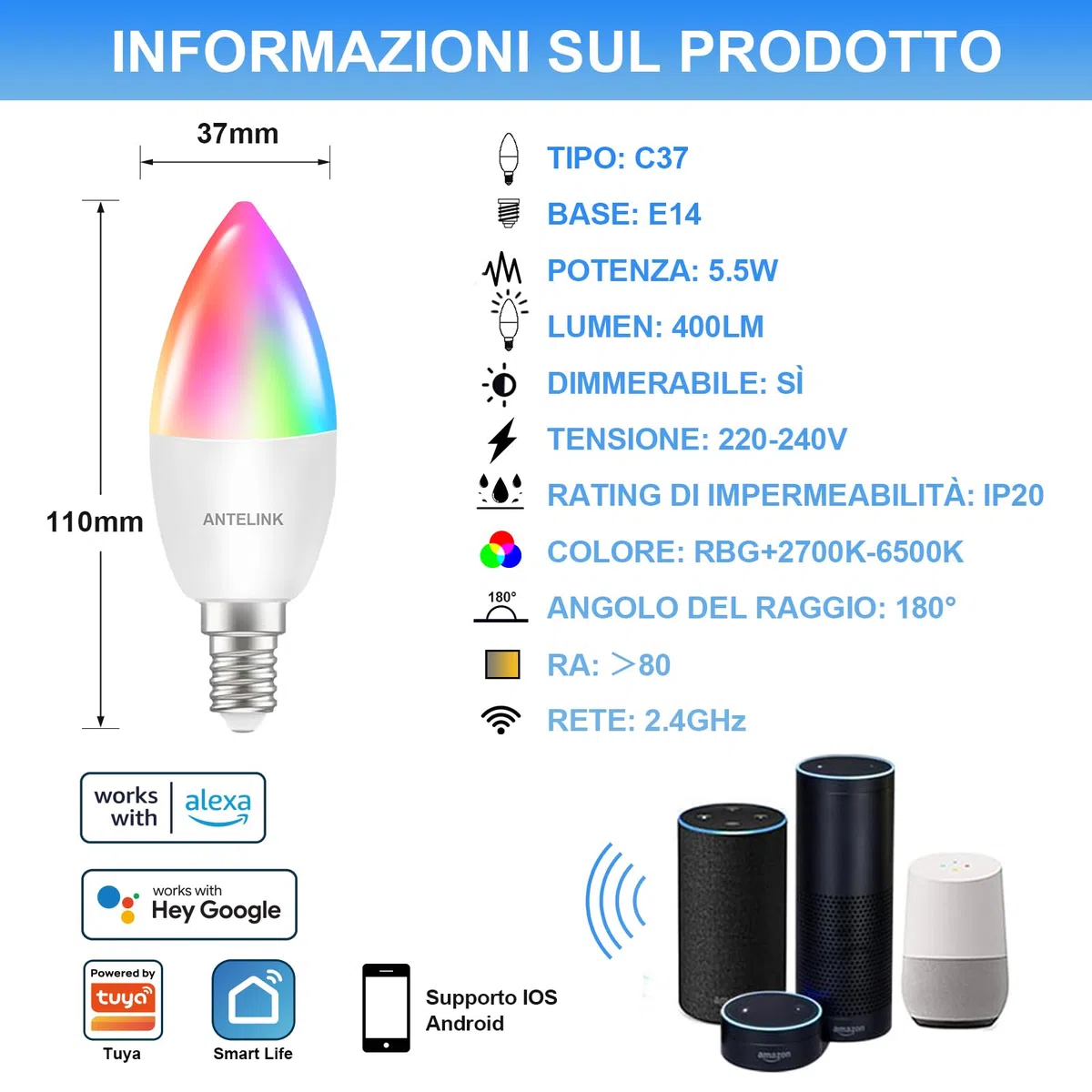 Lampadina Alexa E14 Wifi Dimmerabili, 5,5W 400 Lm 40W Equivalente, Lampadina Led Smart RGBCW 2700K-6500K, Compatibile con Alexa e Google Home, 4 pezzi