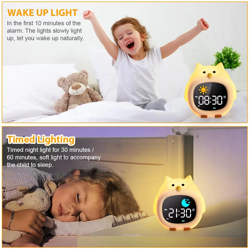 HOTUT Sveglia Digitale Luminosa per Bambini, Lampada Notturna Ricaricabile USB con 8 Colori Dimmerabile, 6 Suonerie e Musica