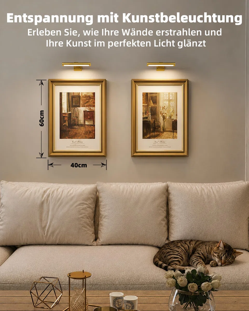 EZVALO Illuminazione senza fili – Lampada da parete a batteria per interni, colore oro, 1 pezzo di qualità museale per dipinti e foto