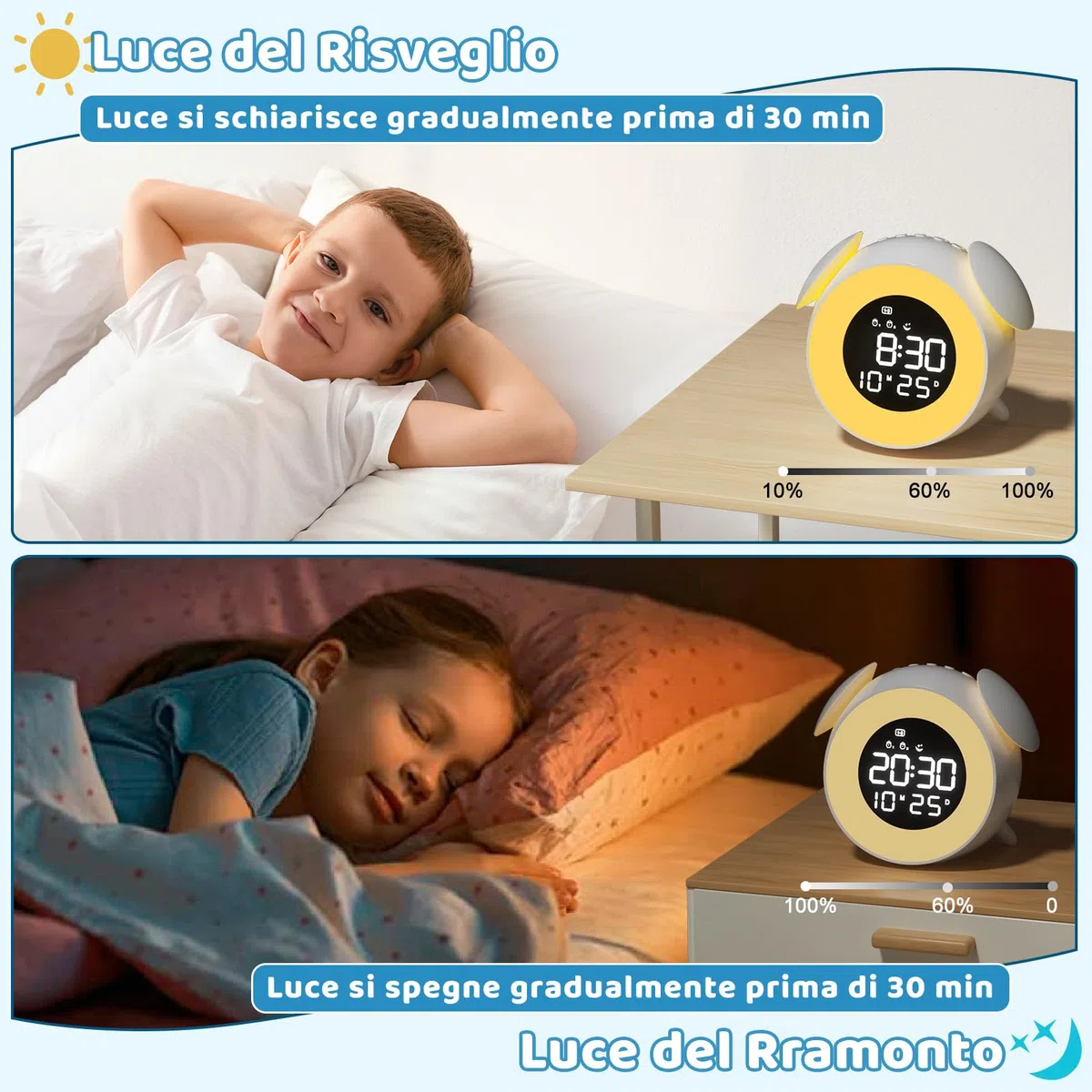 Sveglia Digitale per Bambini, Sveglia Bambini da Comodino con Doppio Allarme, 10 Colorate Luci, Snooze, Modalità Giorno della Settimana, 7 Suonerie, 12/24H per Ragazze Ragazzi