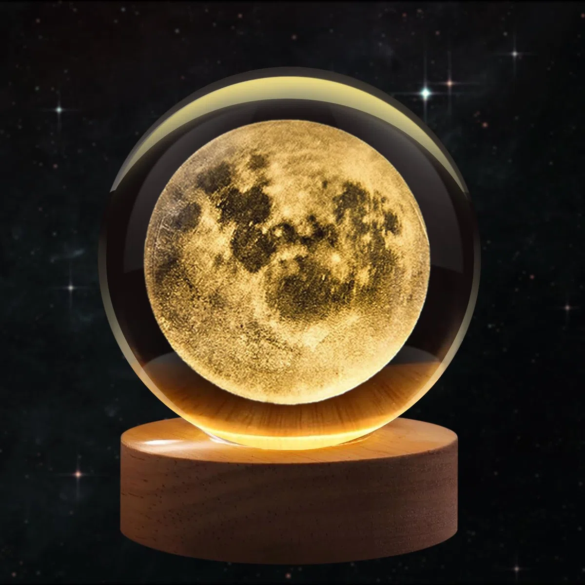Flexzion Luce notturna 3D a forma di luna con sfera di cristallo, luce LED ologramma in vetro con base in legno massello, alimentata tramite USB, con luminosità regolabile, per decorazione domestica