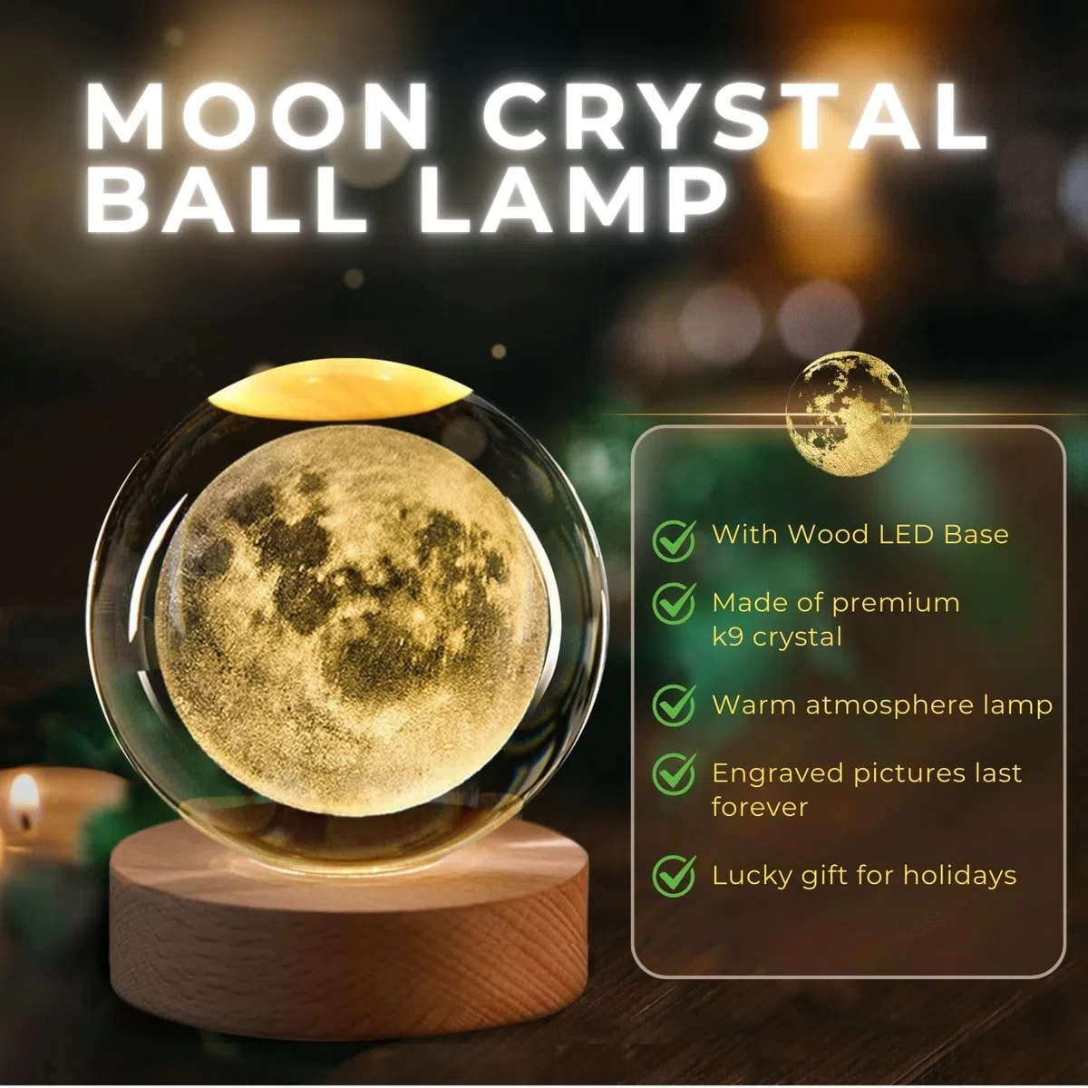 Flexzion Luce notturna 3D a forma di luna con sfera di cristallo, luce LED ologramma in vetro con base in legno massello, alimentata tramite USB, con luminosità regolabile, per decorazione domestica